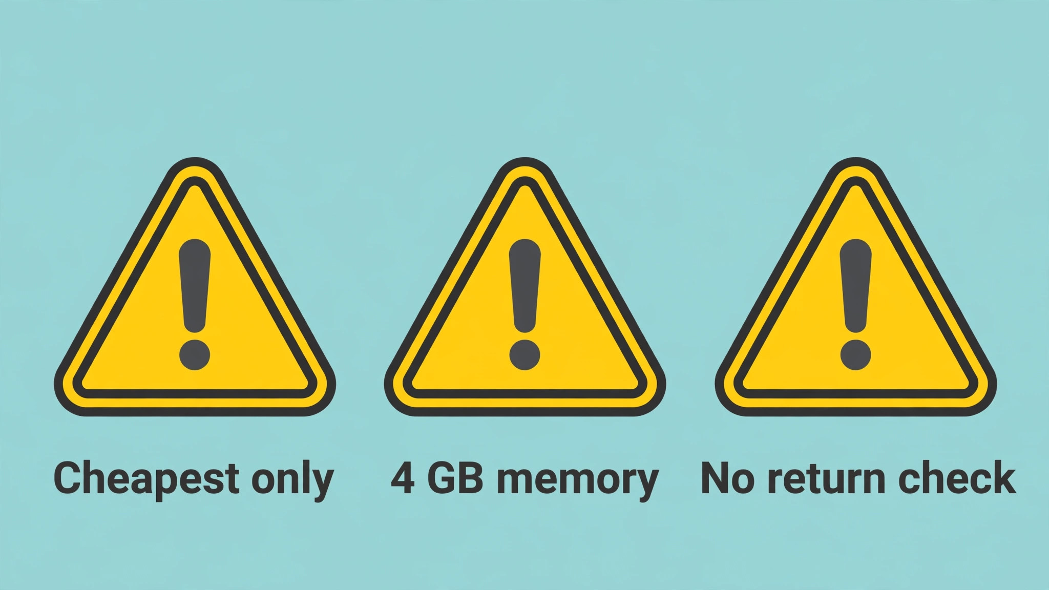 Warning triangles for cheapest only, 4 GB memory, and no return check