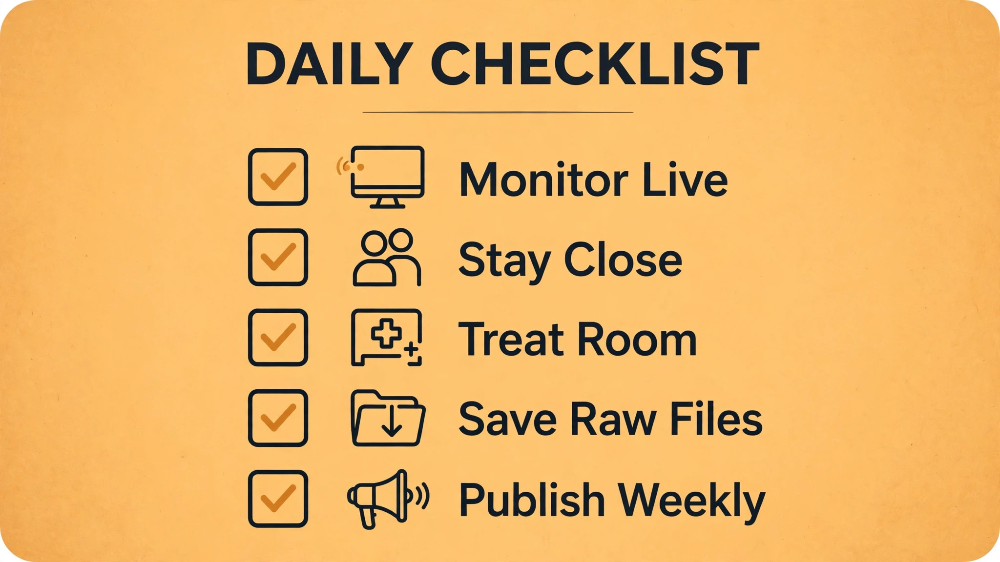 Checklist to monitor live, stay close, treat room, save raw files and publish weekly