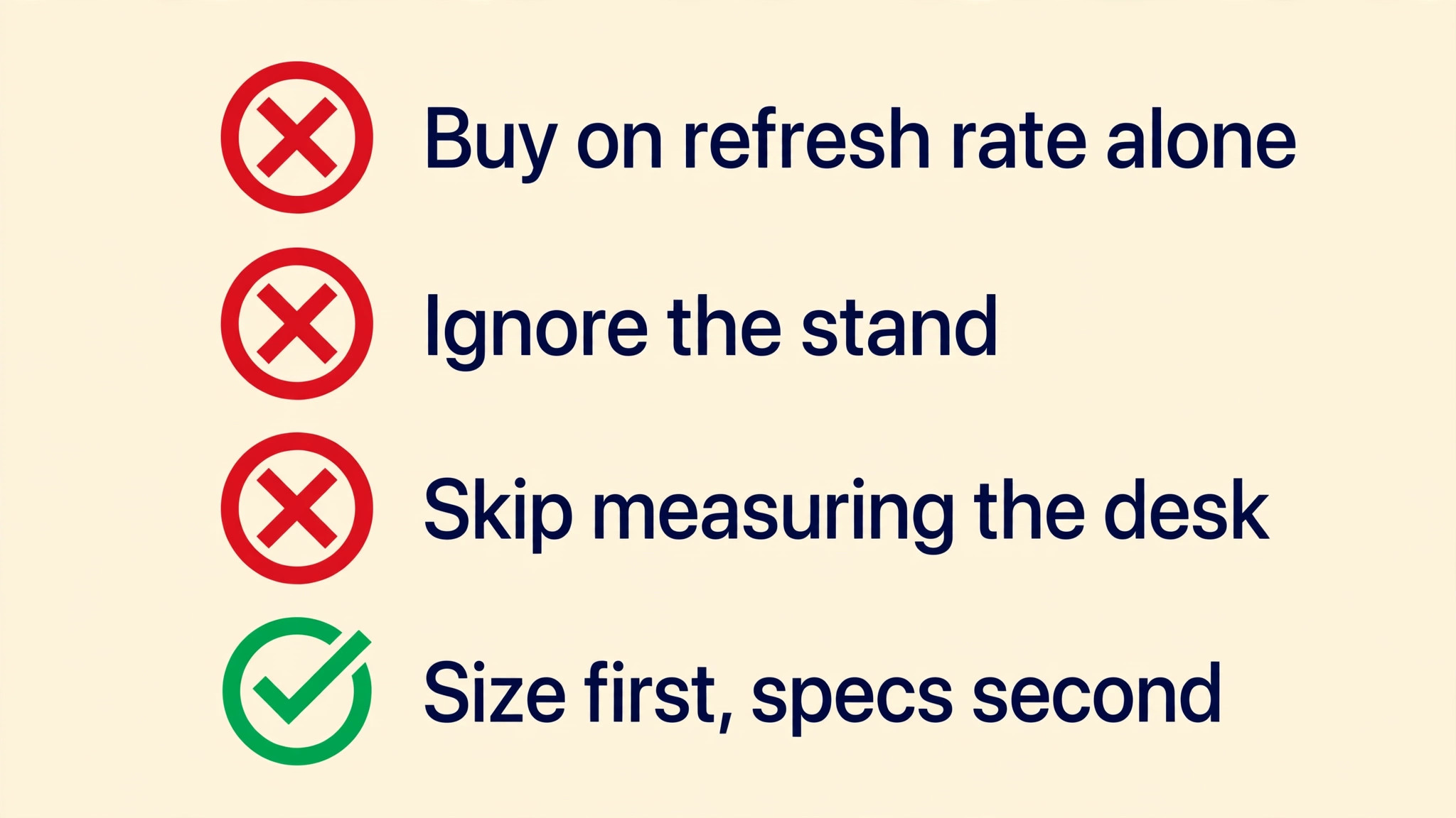 Checklist with three crosses for buying on refresh rate alone, ignoring the stand and skipping measuring the desk, plus one check for size first, specs second