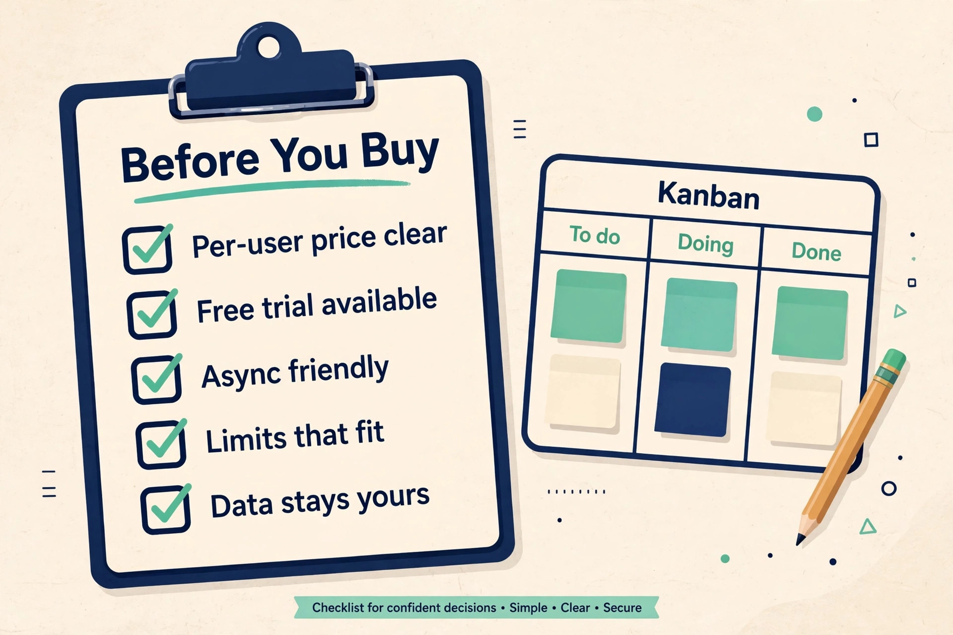 Clipboard checklist beside a mini kanban board