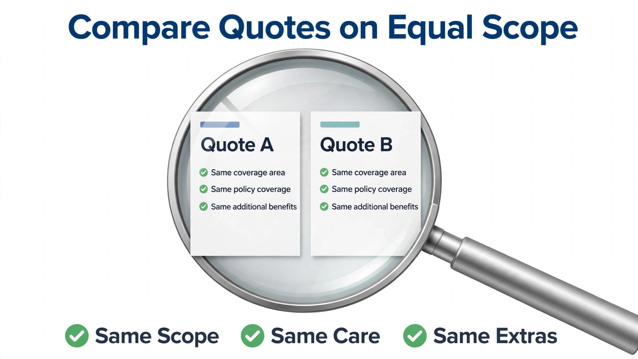 Magnifier over two quote sheets with same scope, same care and same extras footer labels
