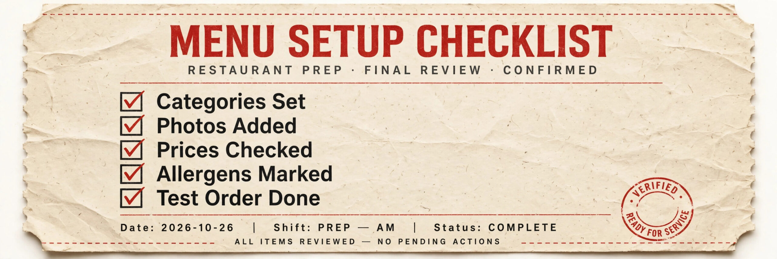 Restaurant order ticket checklist with categories, photos, prices, allergens and a test order checked off