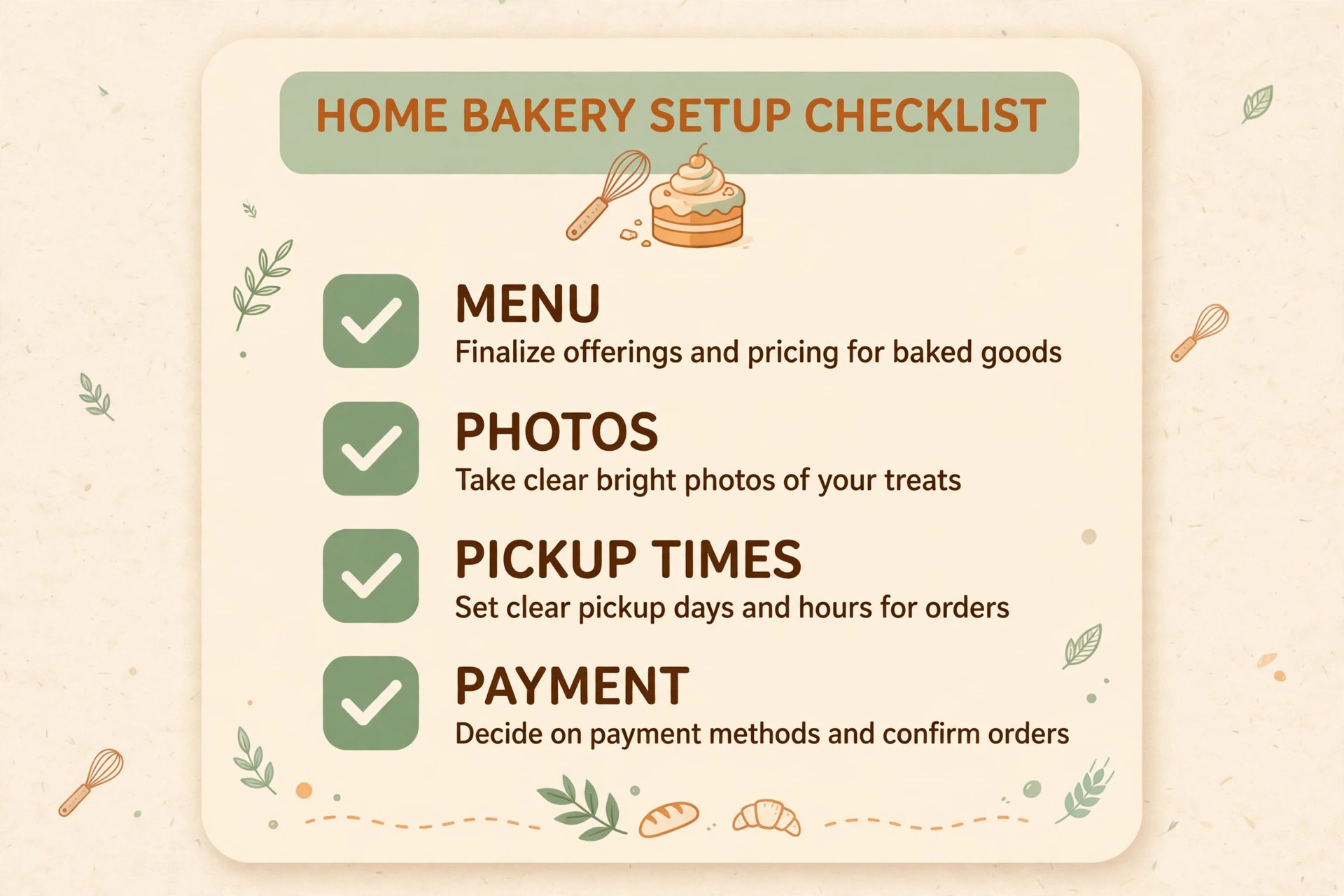 Home bakery setup checklist covering menu, photos, pickup times and payment