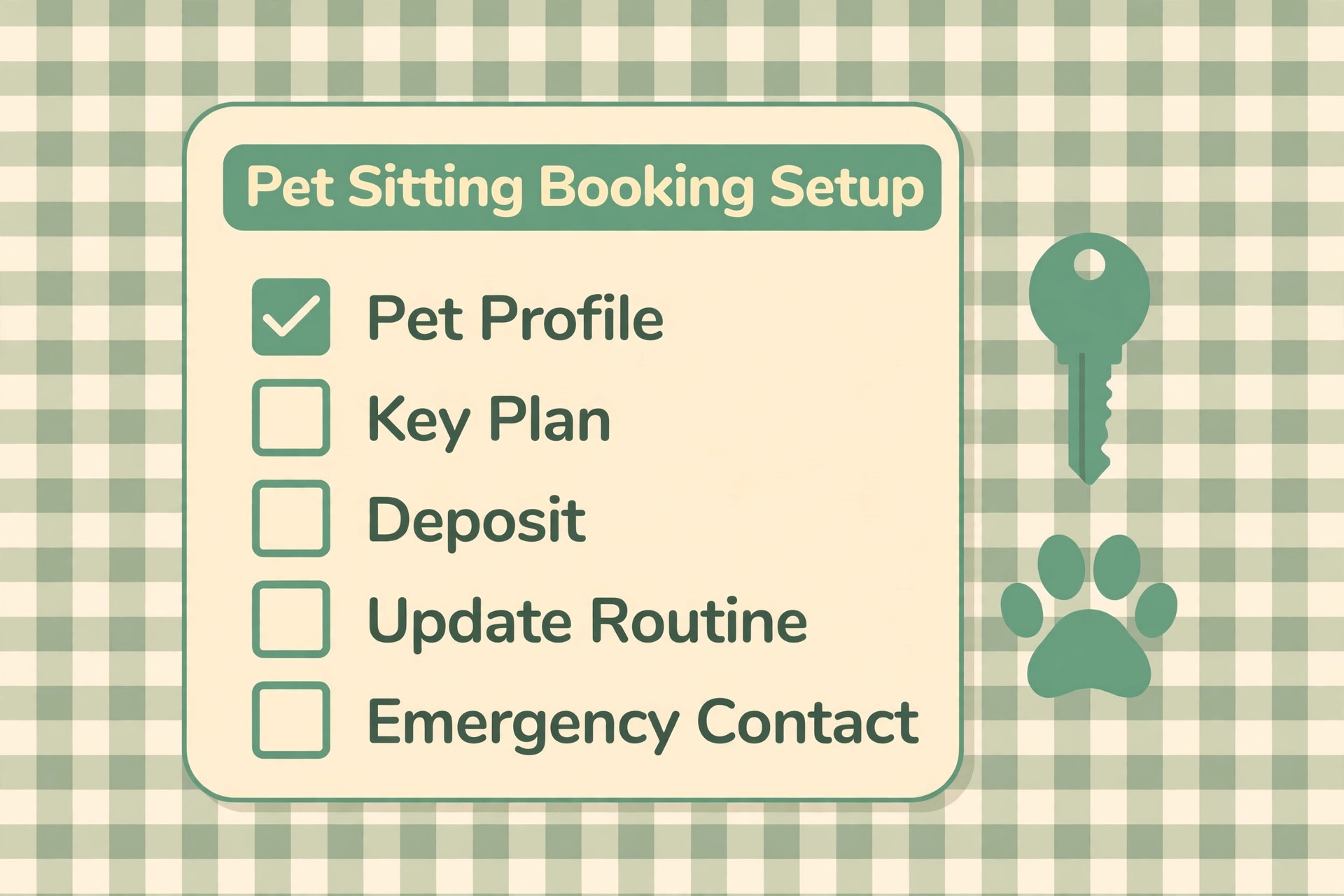 Pet sitting booking setup checklist: pet profile, key plan, deposit, update routine, emergency contact