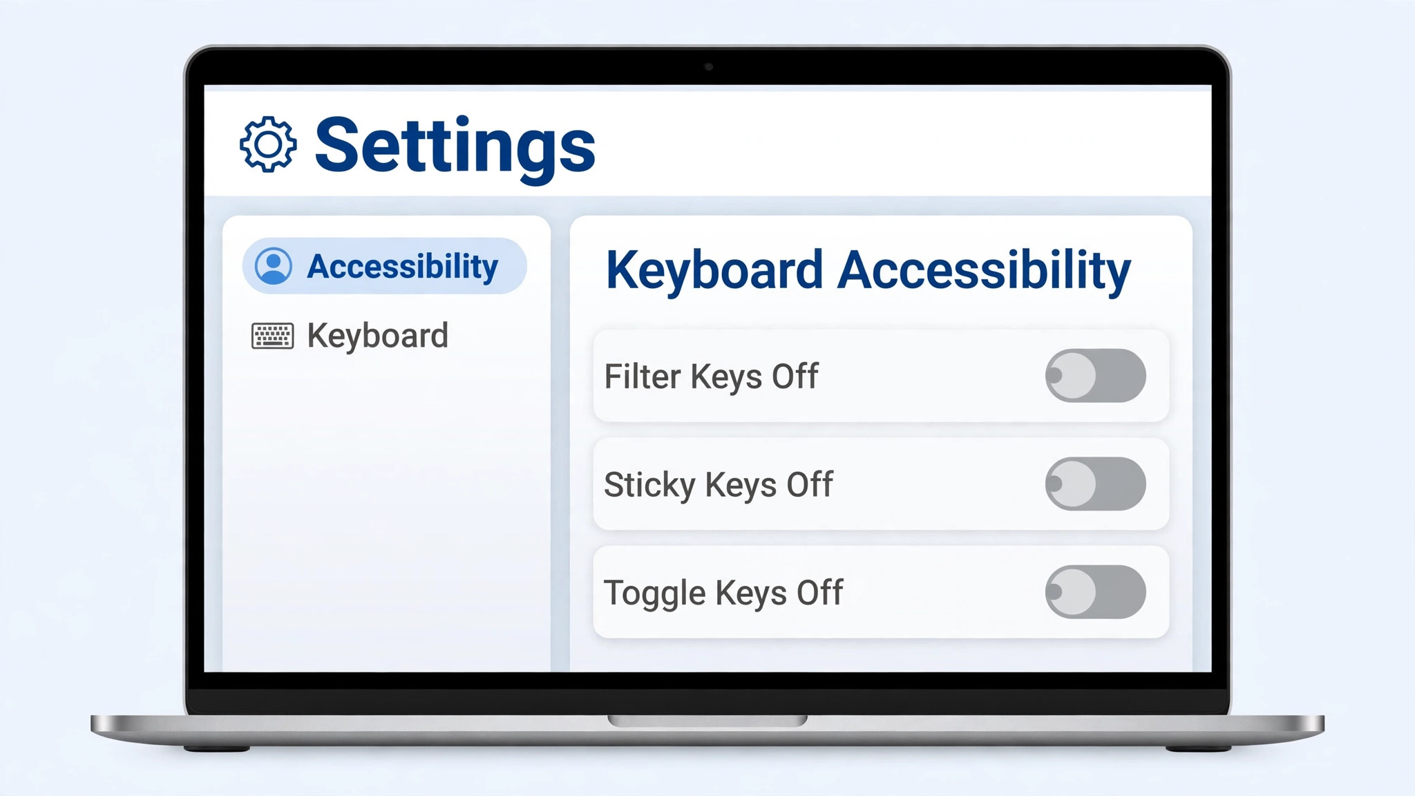 Mockup of Windows accessibility keyboard settings with Filter Keys turned off