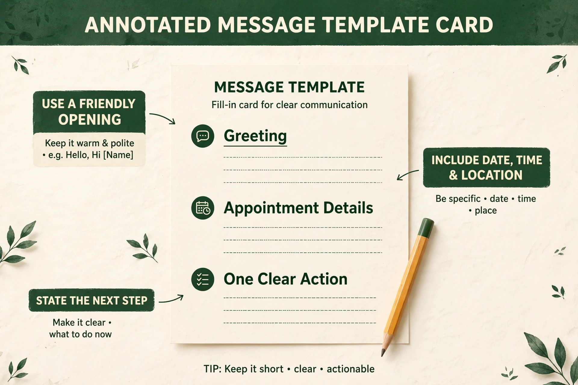 Message template card with sections for Greeting, Appointment Details and One Clear Action