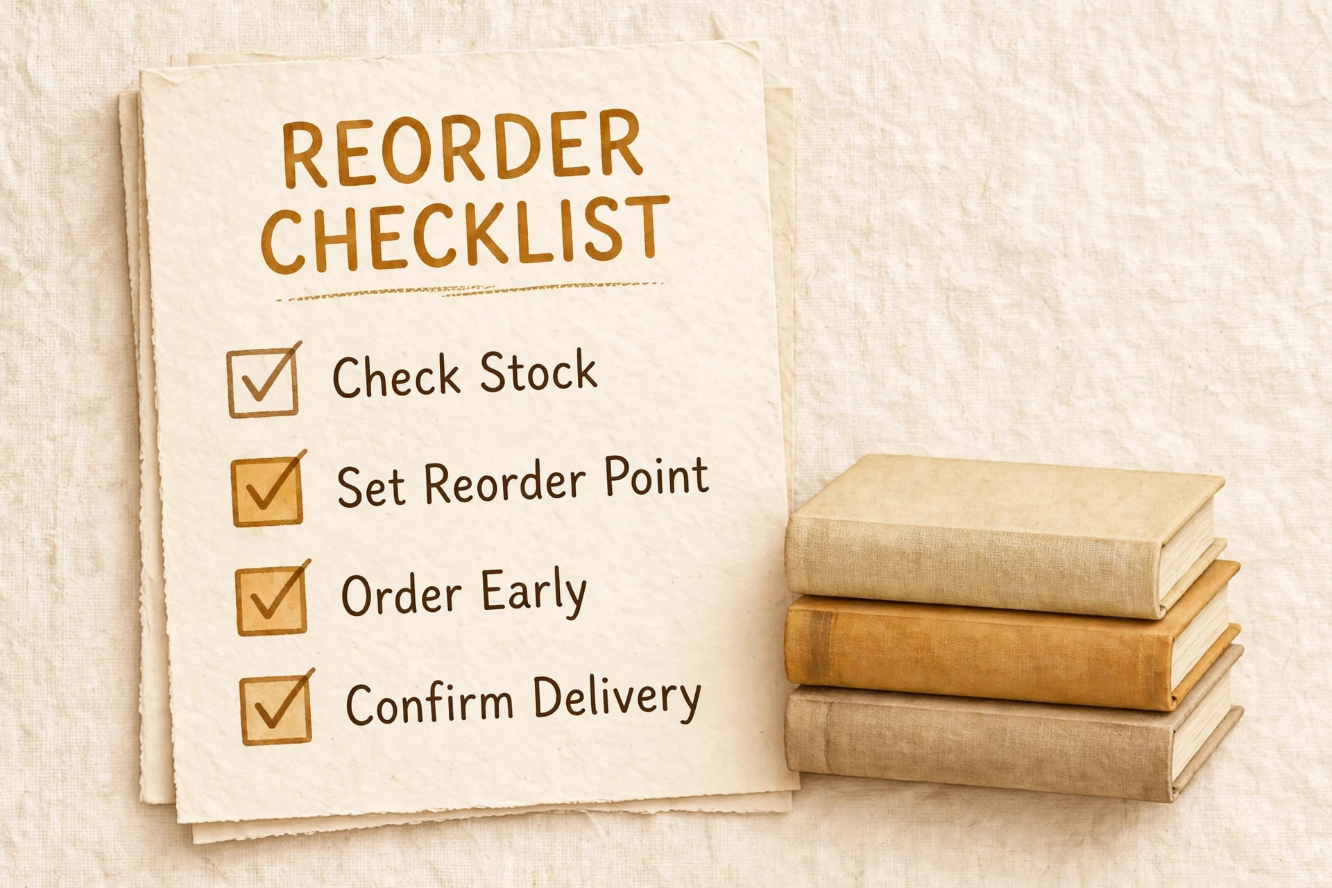 Reorder checklist with checked boxes for Check Stock, Set Reorder Point, Order Early and Confirm Delivery beside a stack of books