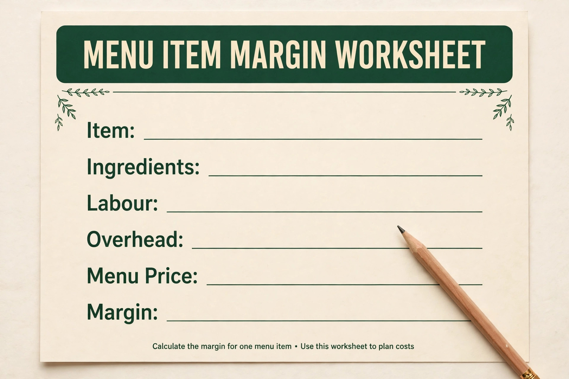Margin worksheet with blank rows for Item, Ingredients, Labour, Overhead, Menu Price and Margin