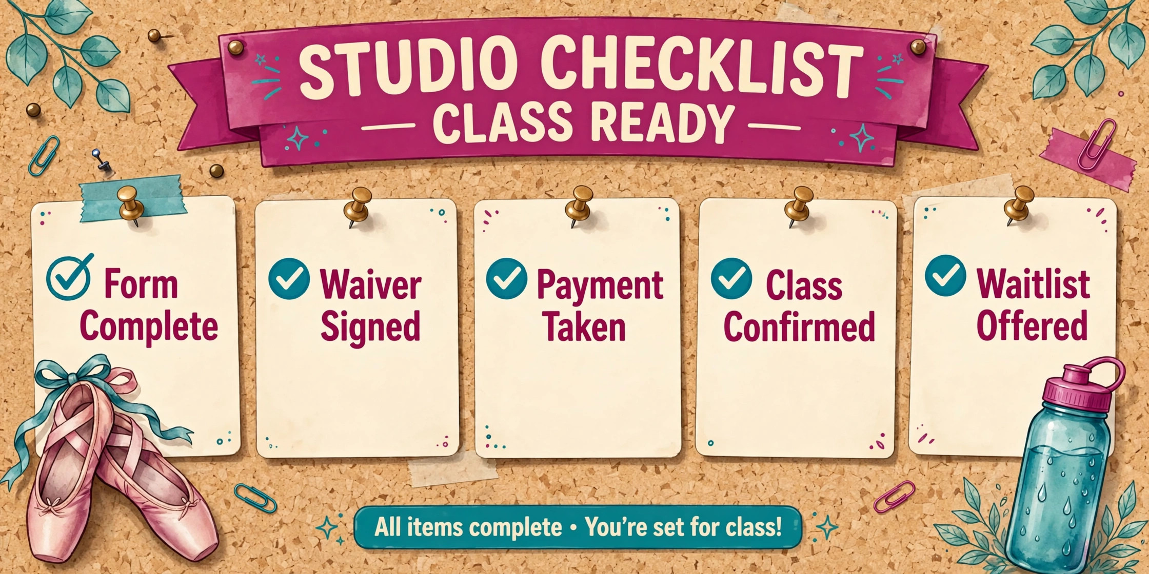 Studio noticeboard checklist with form complete, waiver signed, payment taken, class confirmed and waitlist offered
