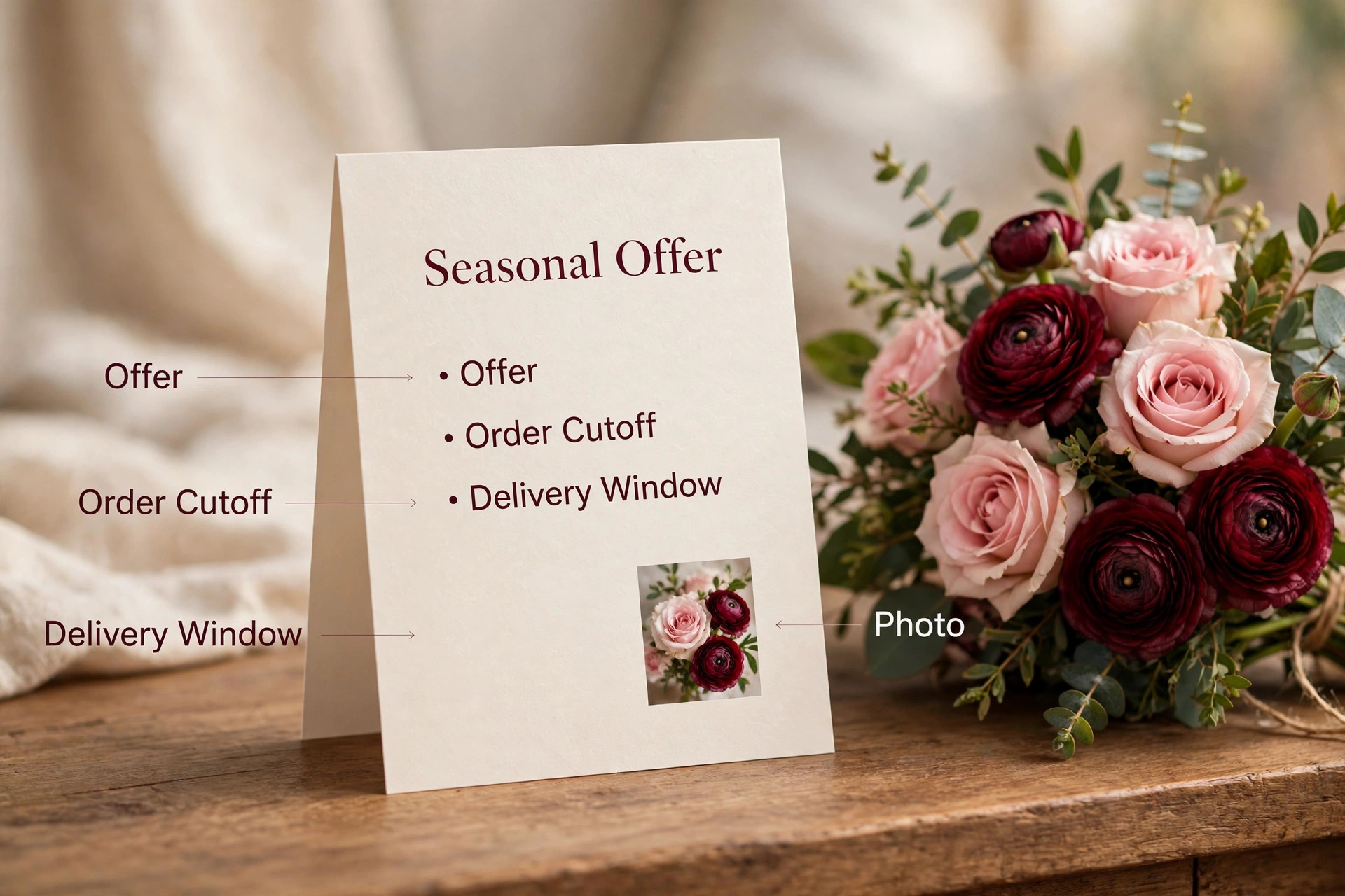 Seasonal offer card beside a bouquet, with callouts for offer, order cutoff, delivery window and photo