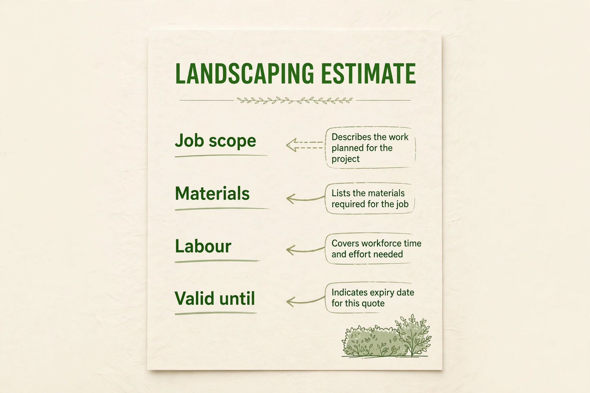 Annotated landscaping estimate showing job scope, materials, labour and validity lines