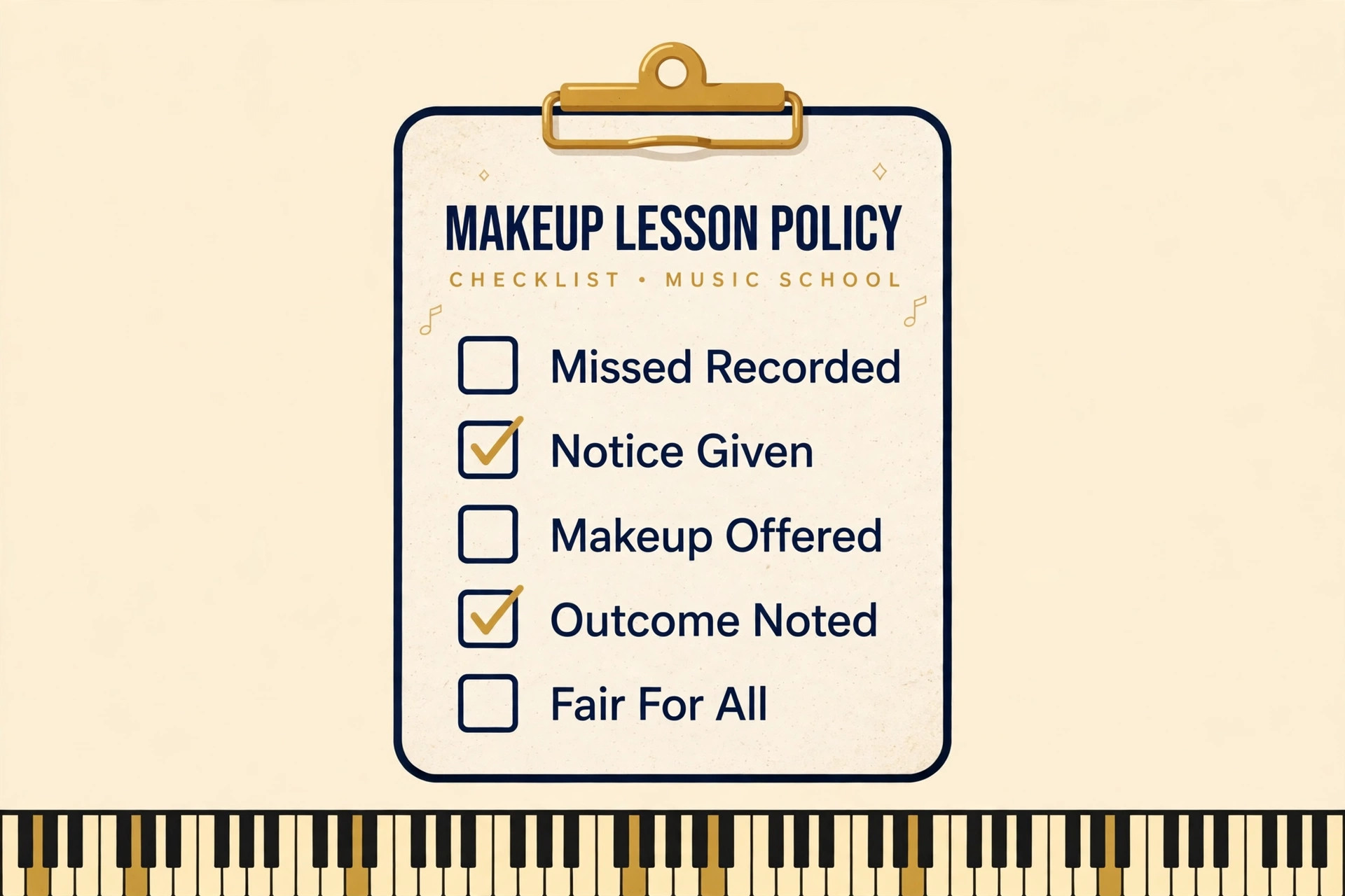 Makeup lesson policy checklist: missed lesson recorded, notice given, makeup offered, outcome noted, fair for all