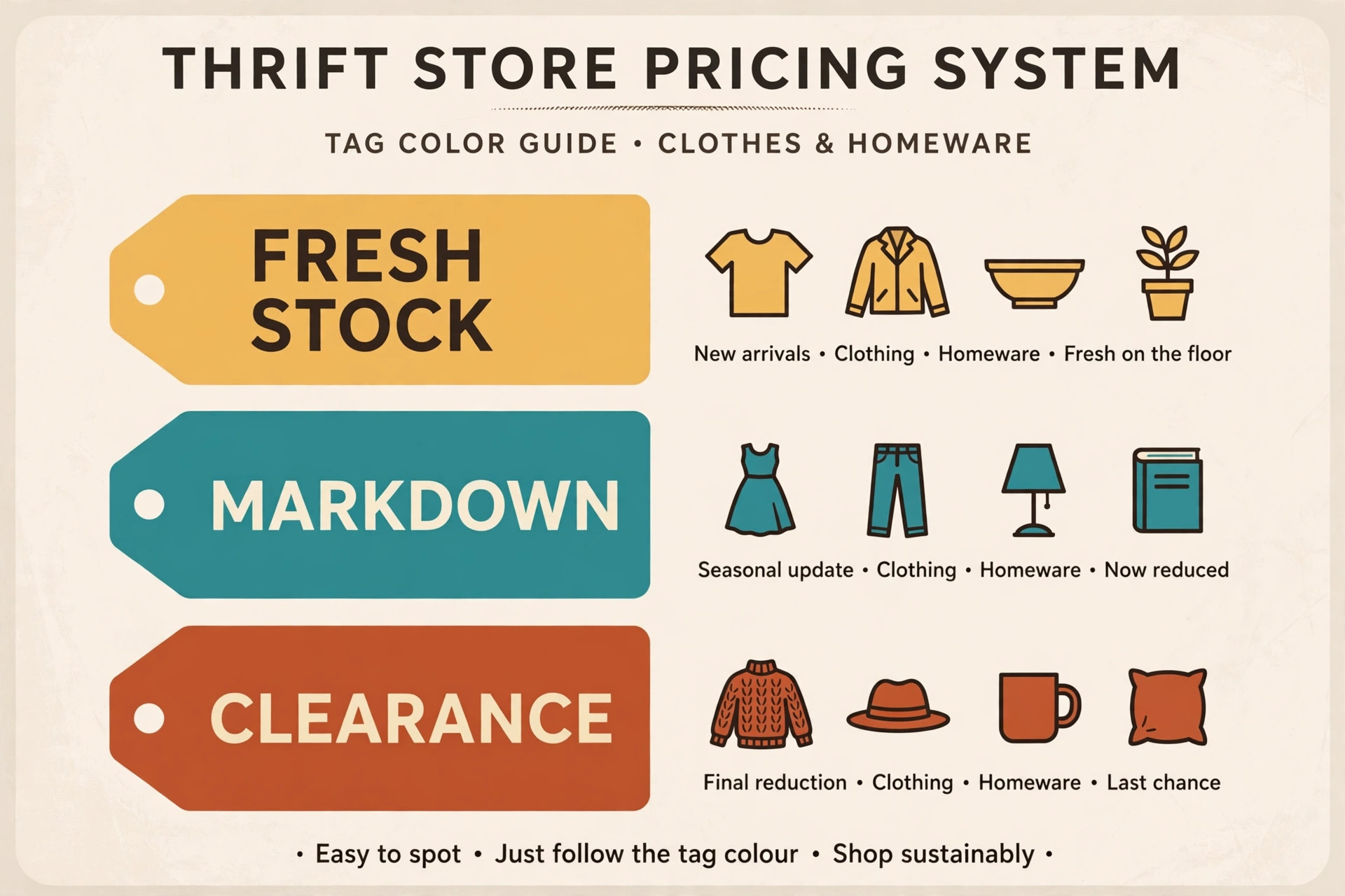 Colour-coded thrift pricing tags for fresh stock, markdown and clearance items