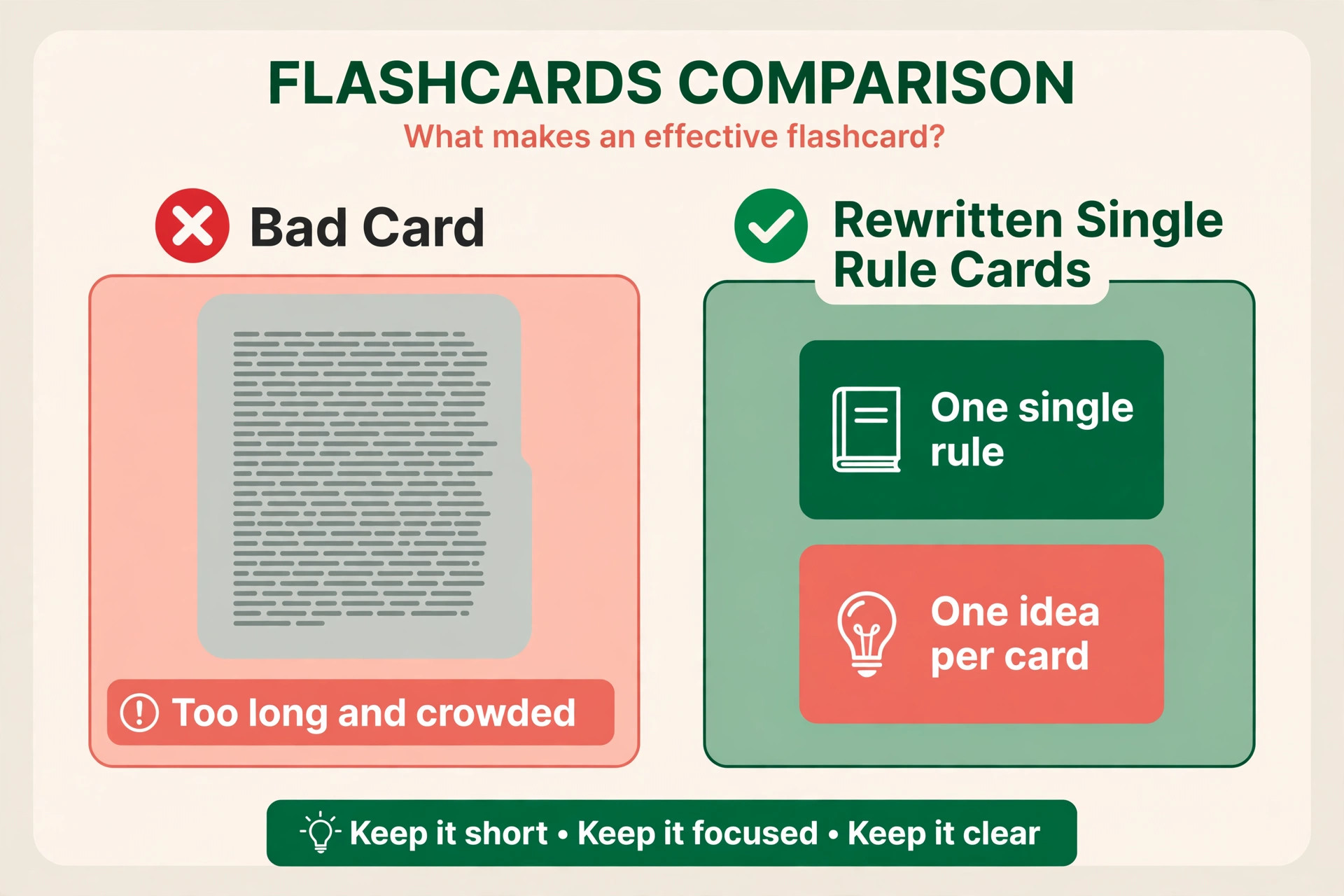 Annotated bad card versus rewritten single rule cards