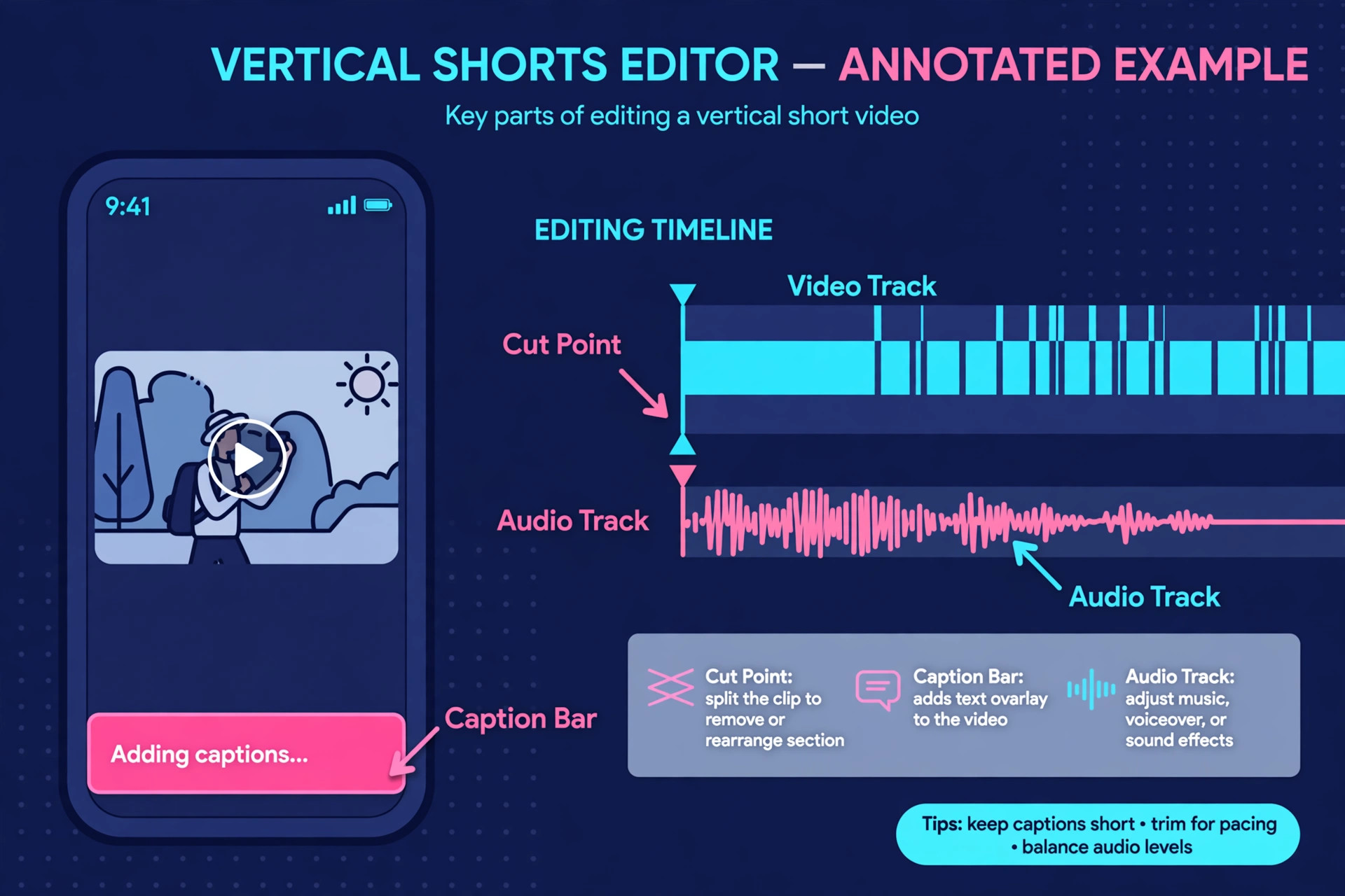 CapCut editing mockup showing vertical timeline and captions annotated