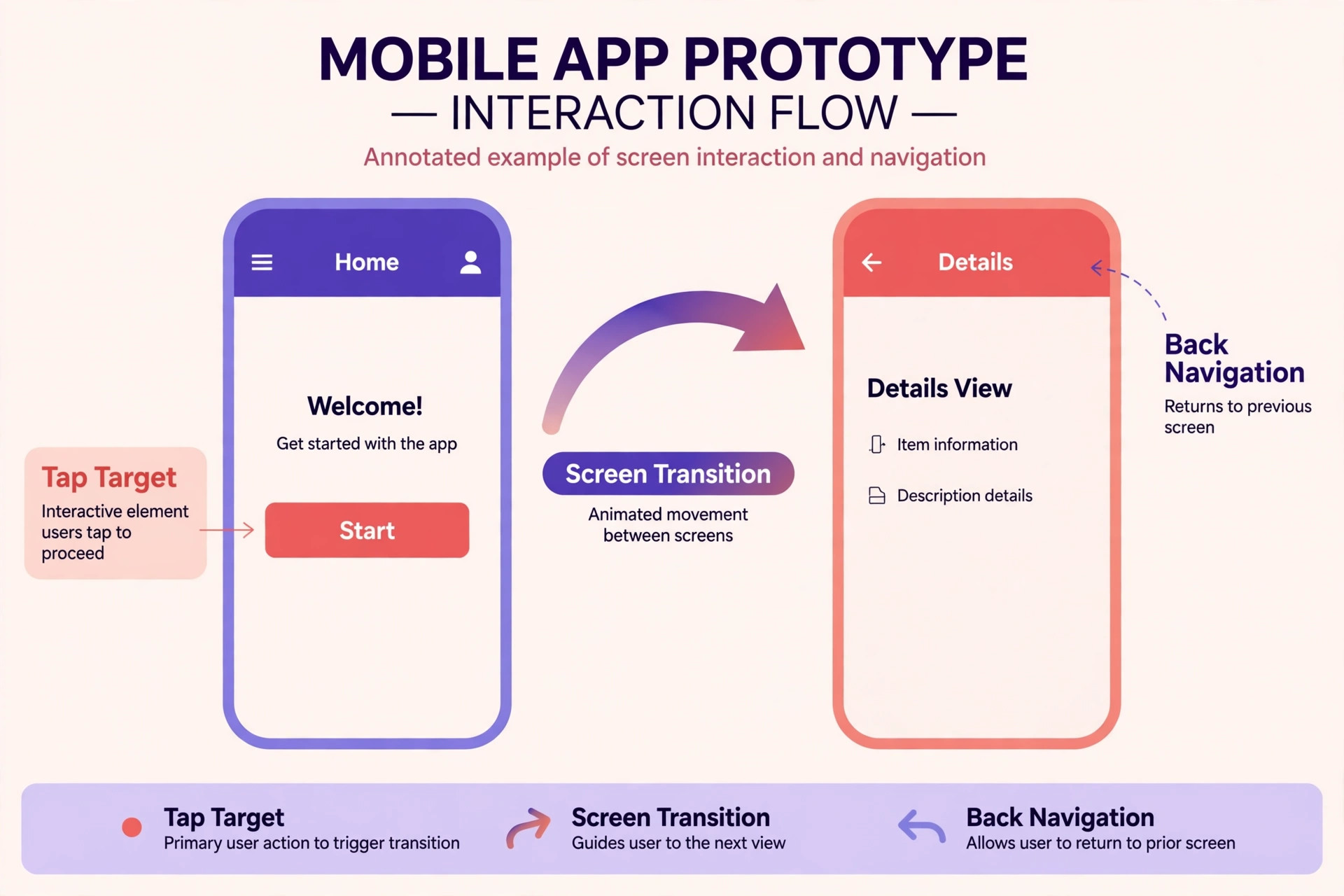 Figma prototype mockup showing phone screens and transitions annotated