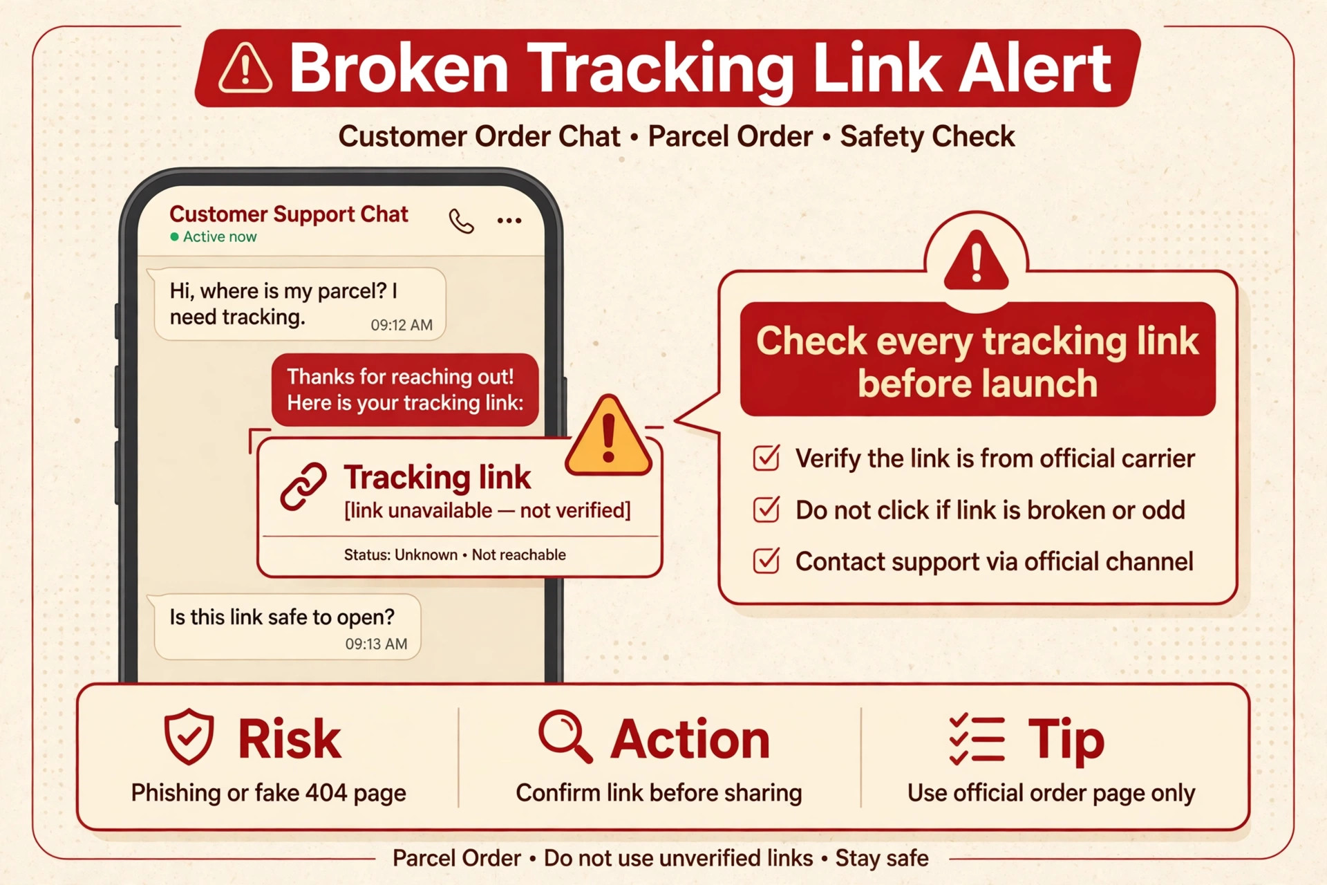 Annotated chat showing a broken tracking link