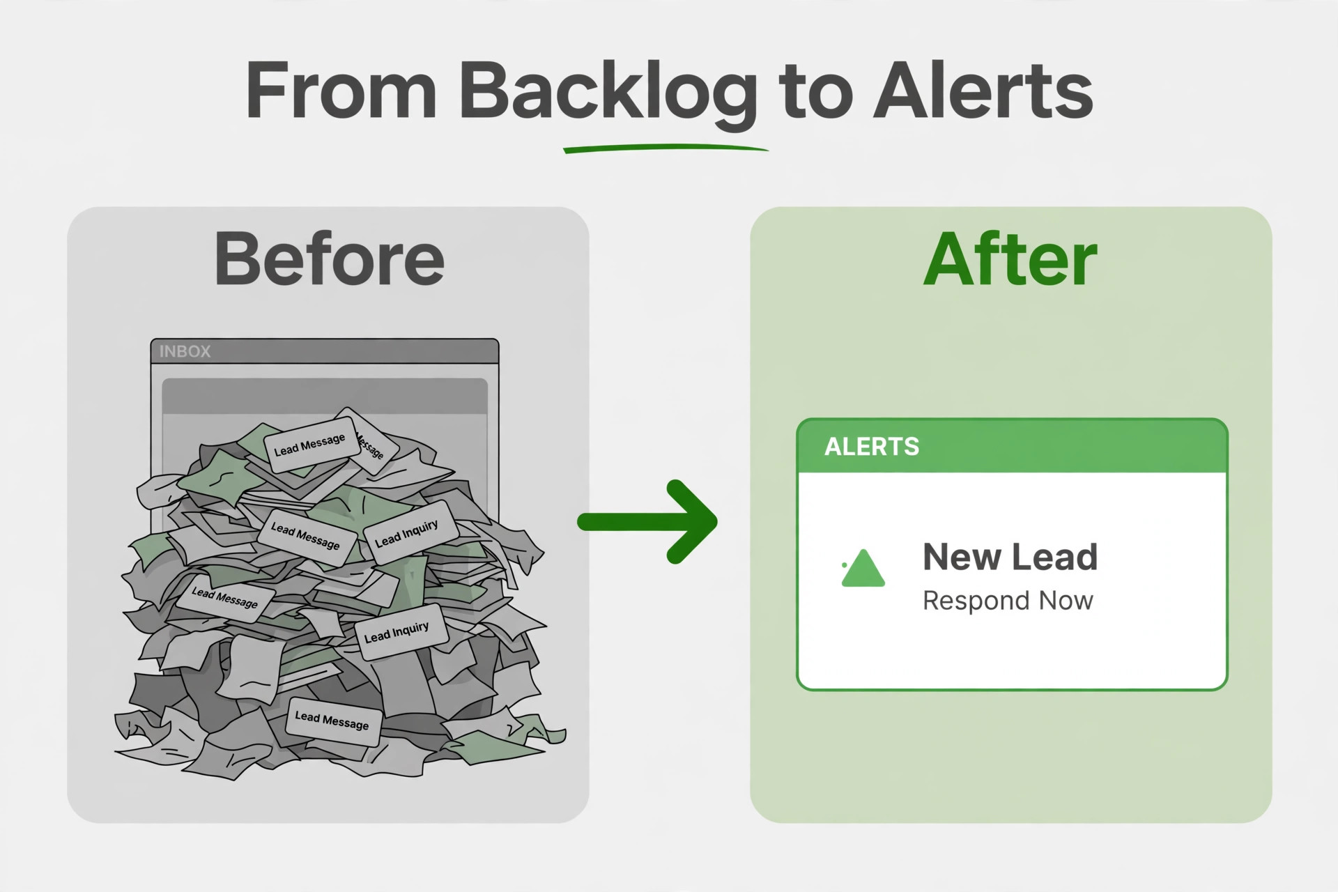 Inbox backlog before automation and clean alert feed after