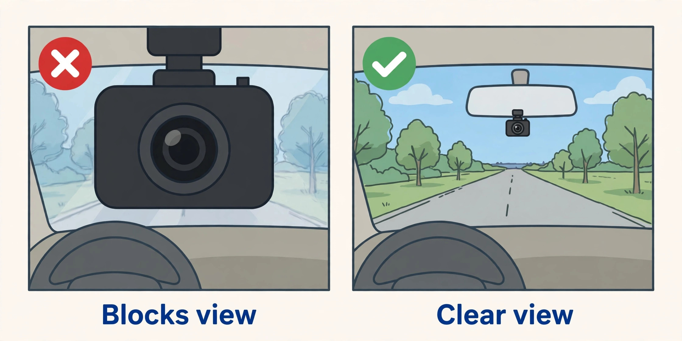 Blocked driver view beside a clear view with the camera tucked behind the mirror