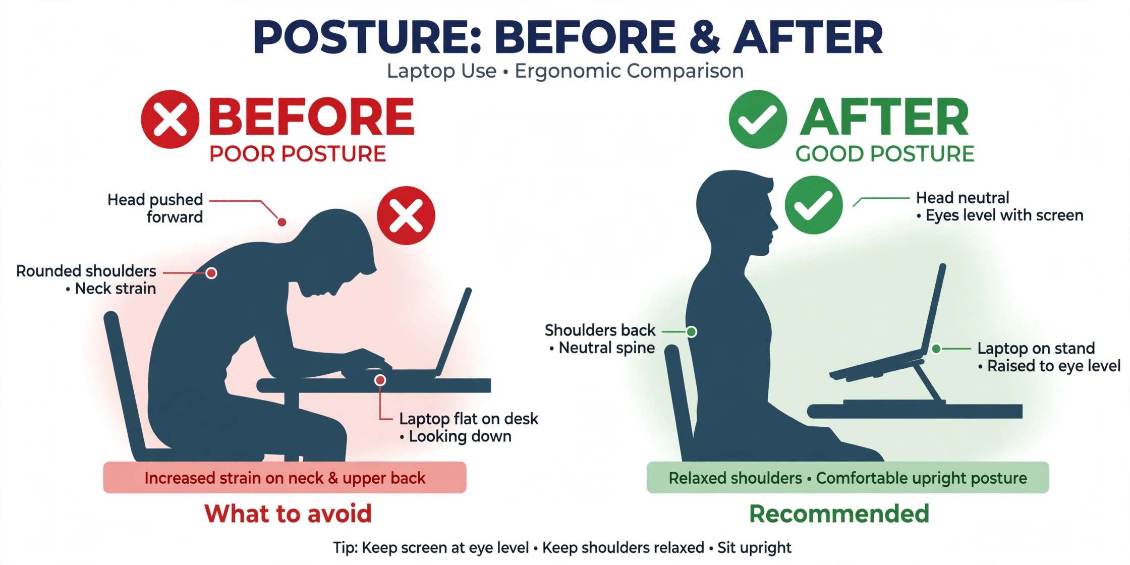 Before and after posture comparison of a hunched flat-laptop user versus an upright raised-laptop user
