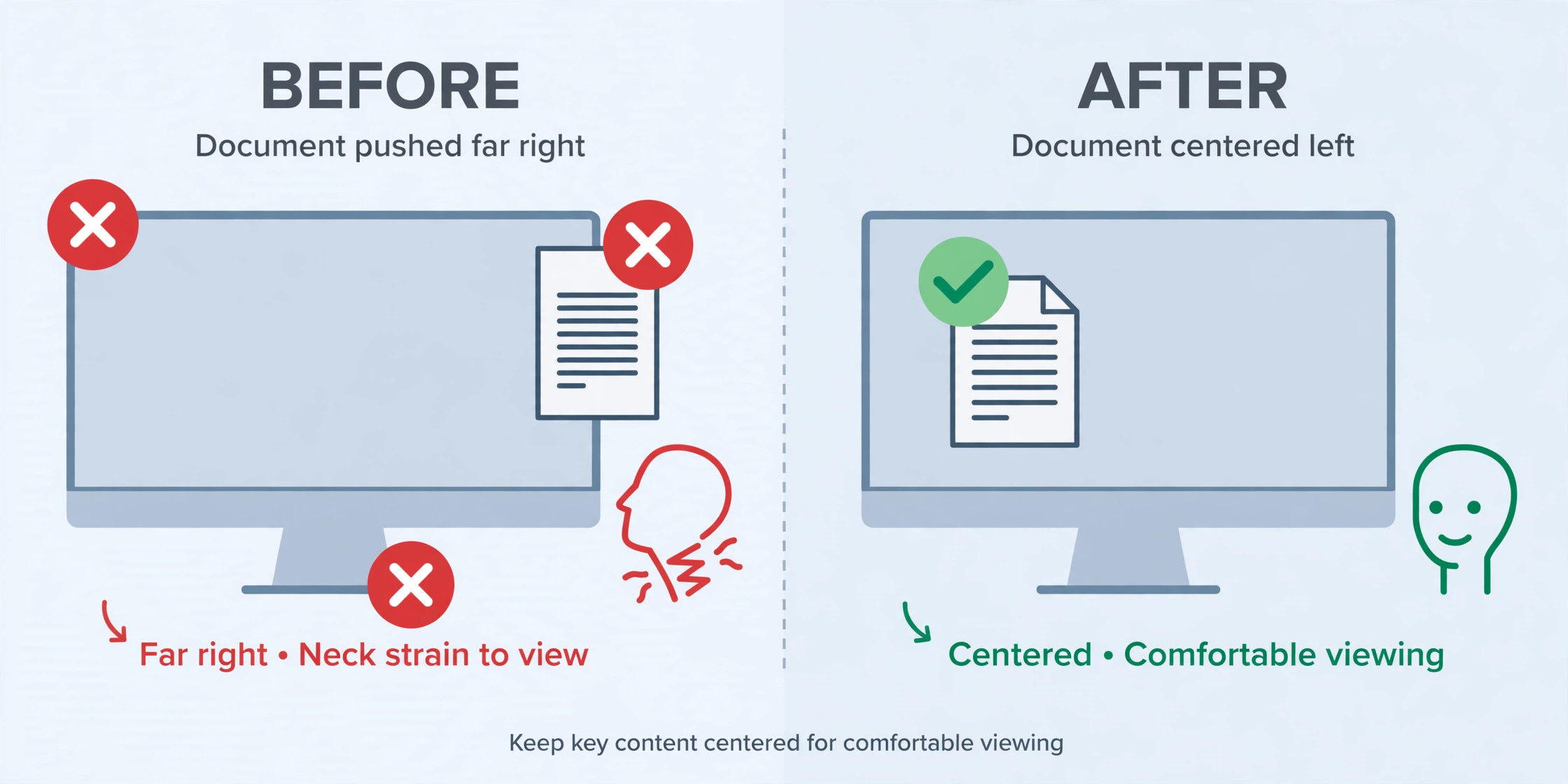 Before and after comparison of a document at the far right edge versus centred left