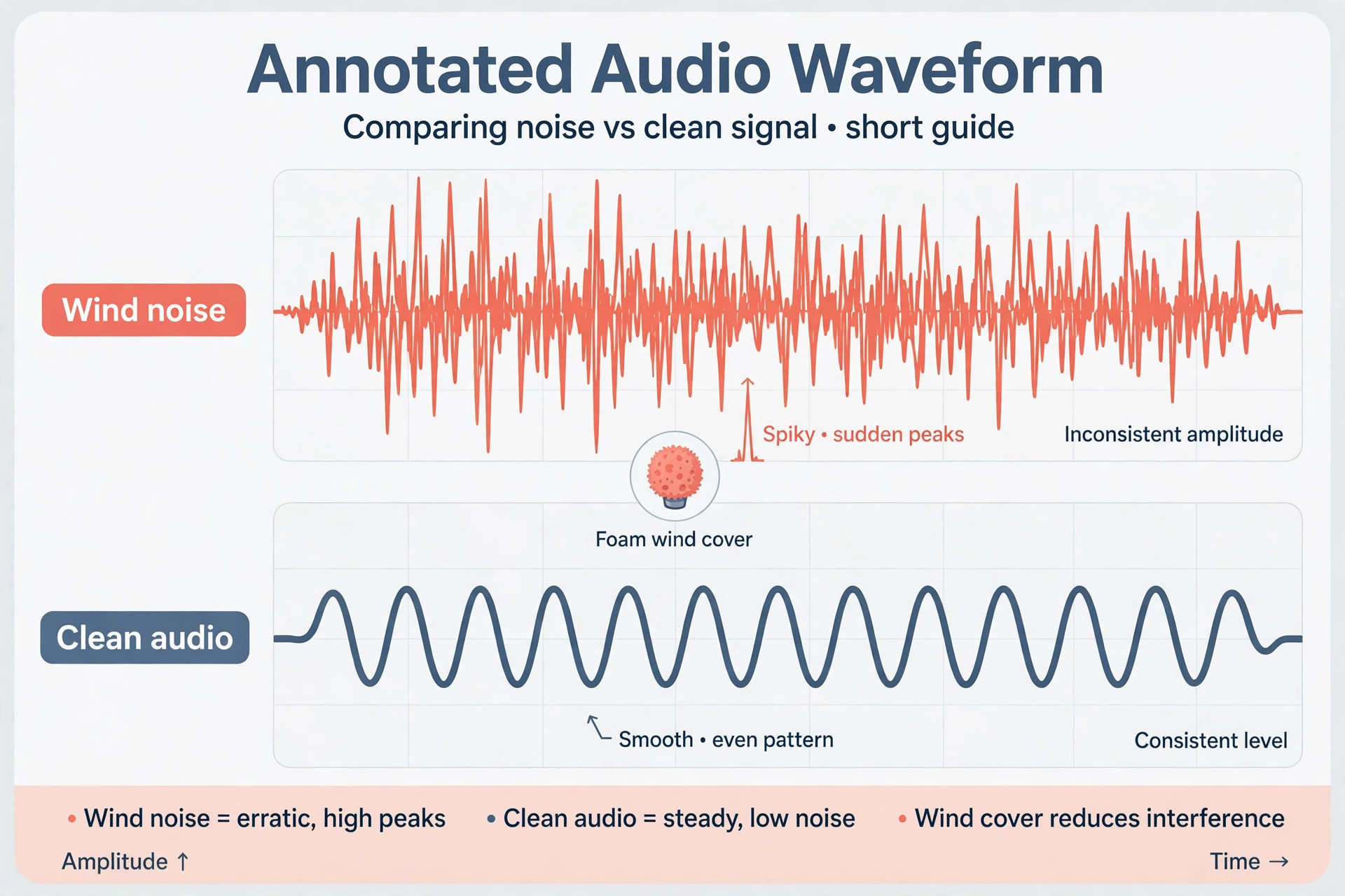 Annotated wind-noise waveform versus clean audio waveform