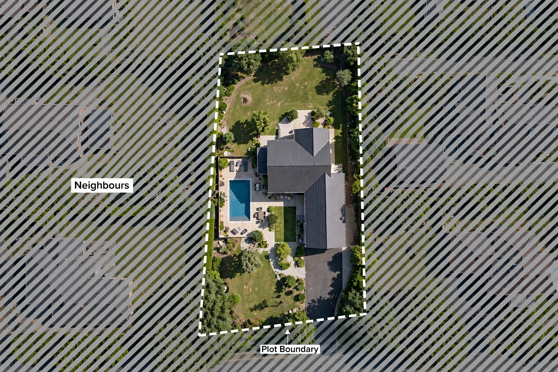 Annotated aerial showing the plot boundary with neighbour gardens shaded out