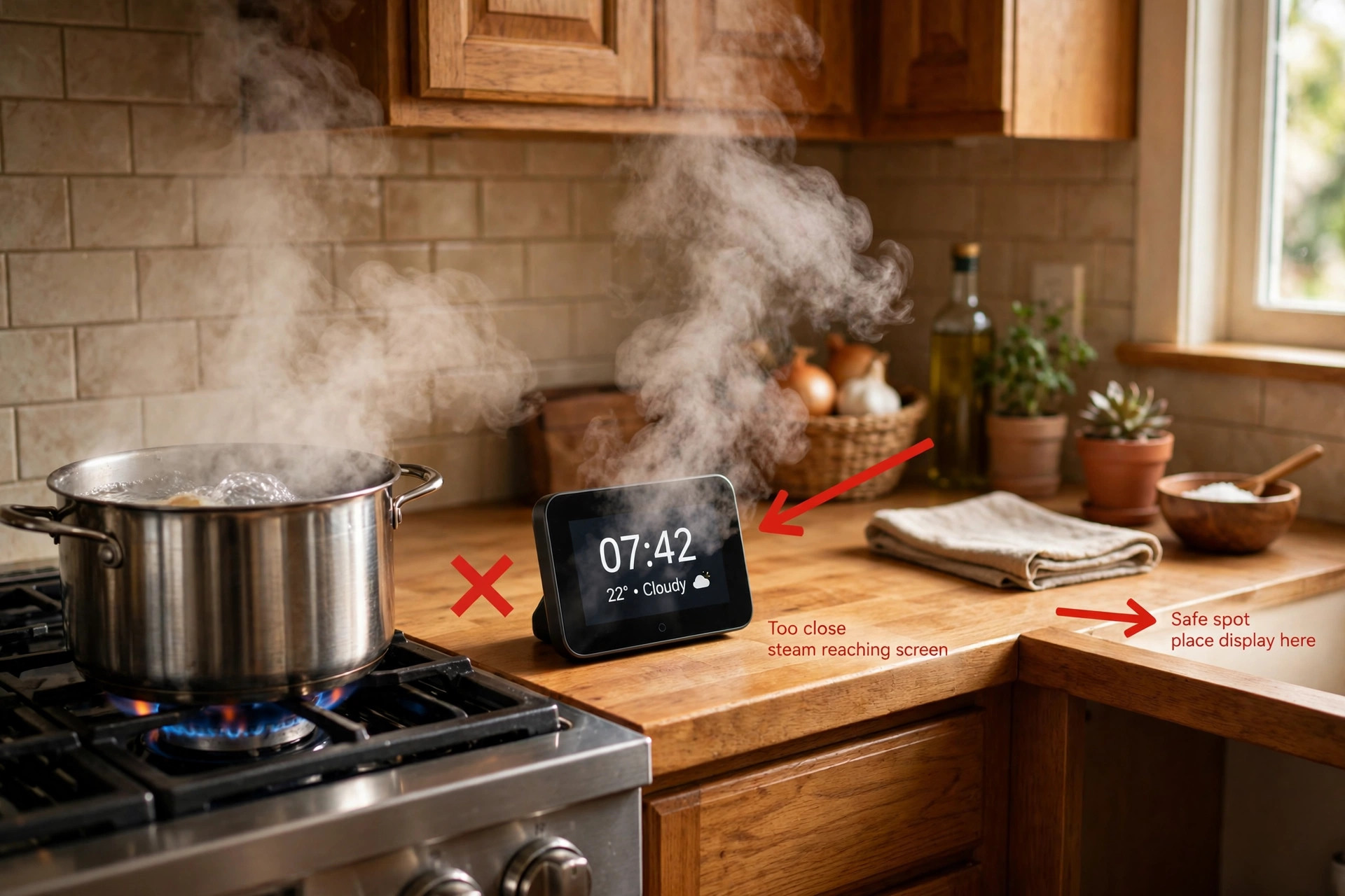 Smart display sitting too close to a steaming hob, with an arrow pointing to a safe spot