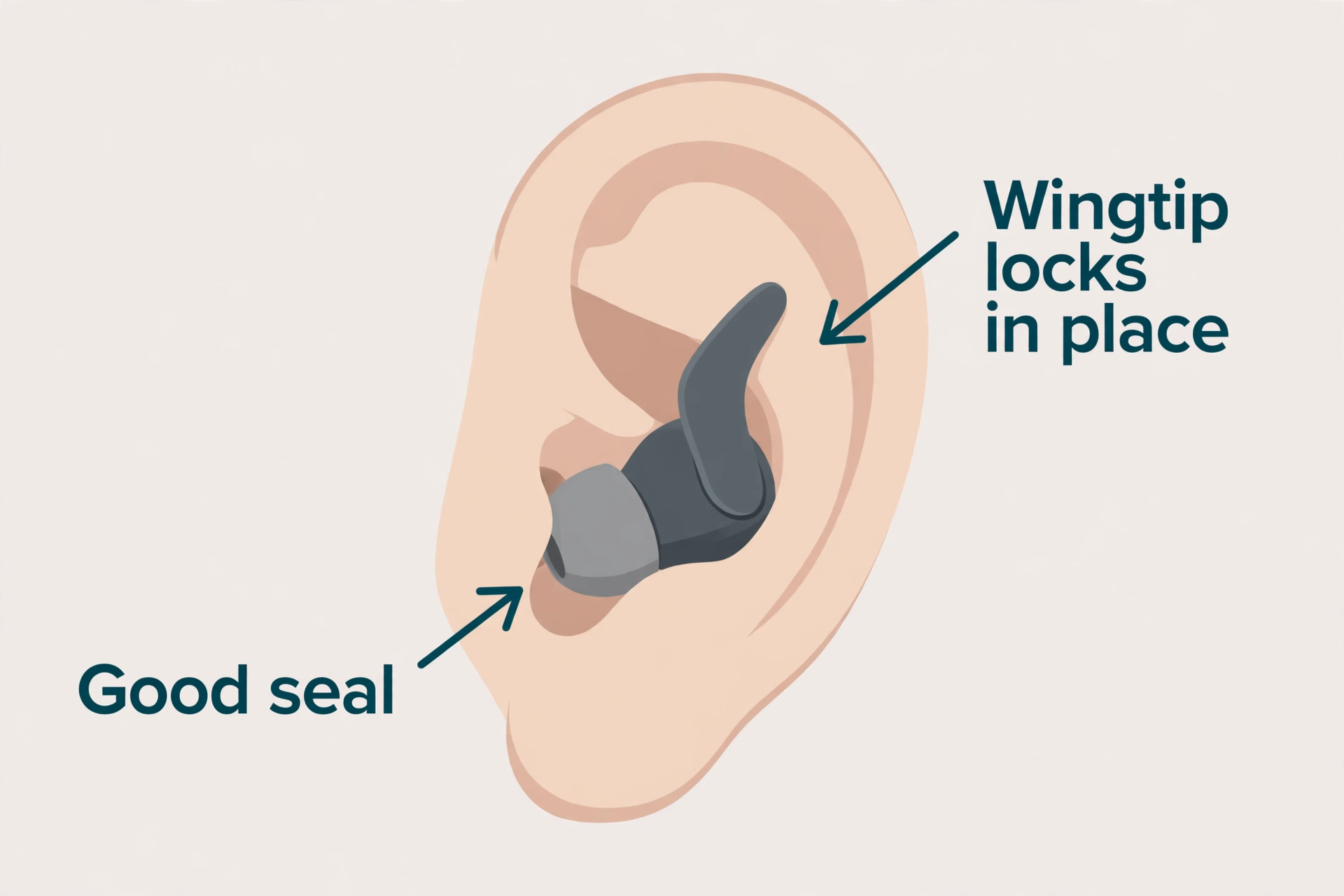 Annotated ear showing a good tip seal and a wingtip locked in place
