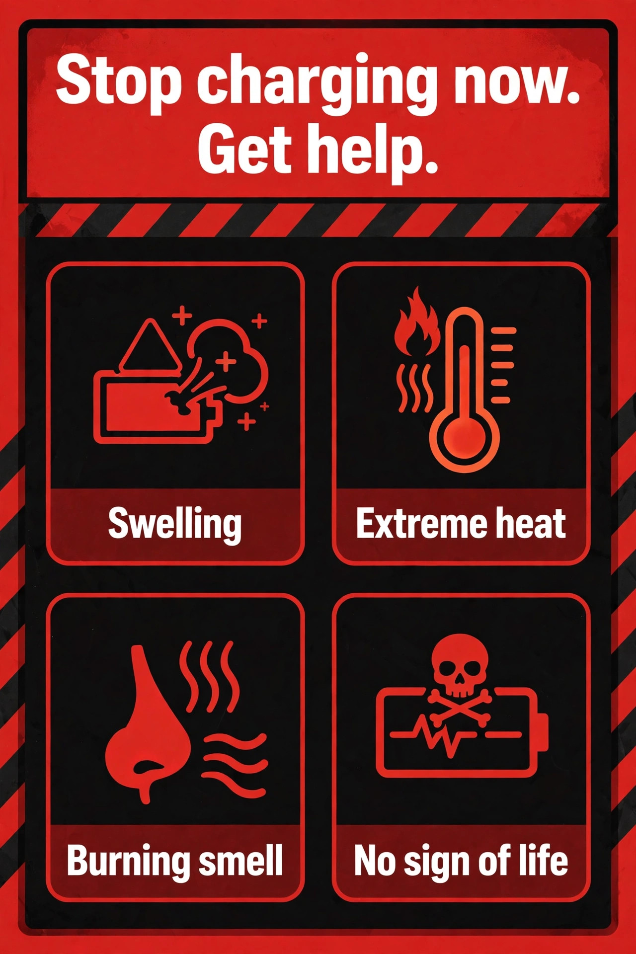 Red warning poster listing swelling, extreme heat, burning smell, and no sign of life