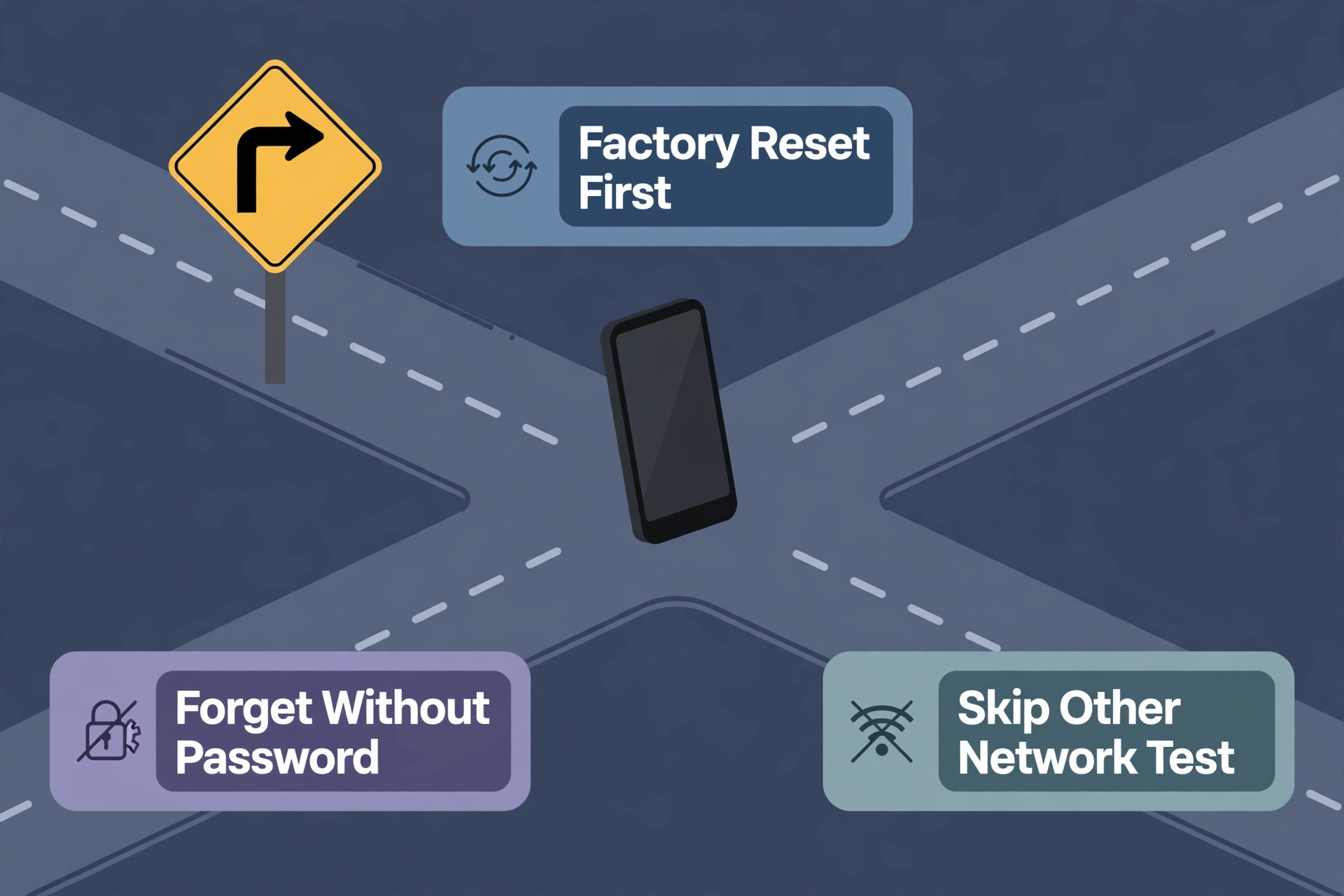 Phone at a crossroads with wrong-turn warnings about factory reset first, forgetting without the password and skipping the other-network test