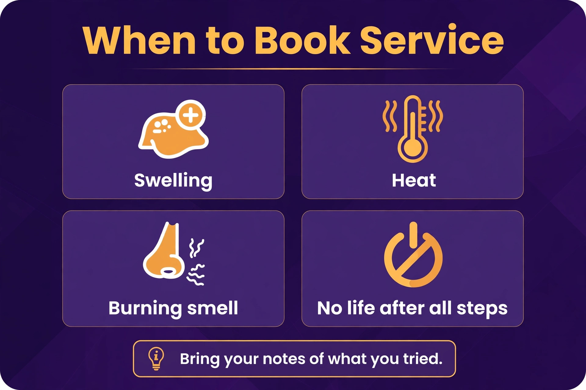 Panel listing swelling, heat, burning smell, and no life after all steps as service triggers