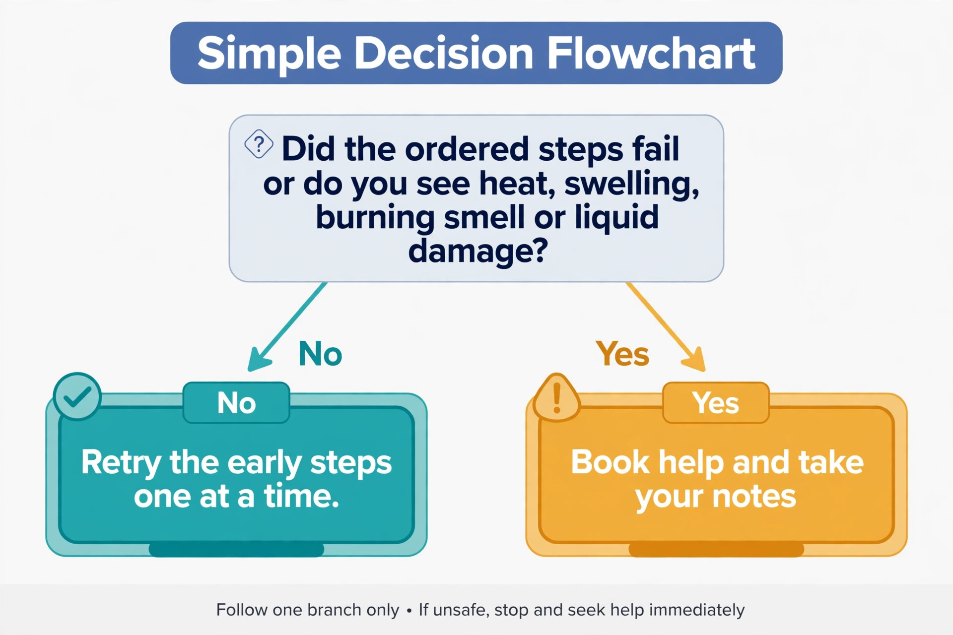 Yes or no flowchart on whether ordered steps failed or the phone shows heat, swelling or liquid damage
