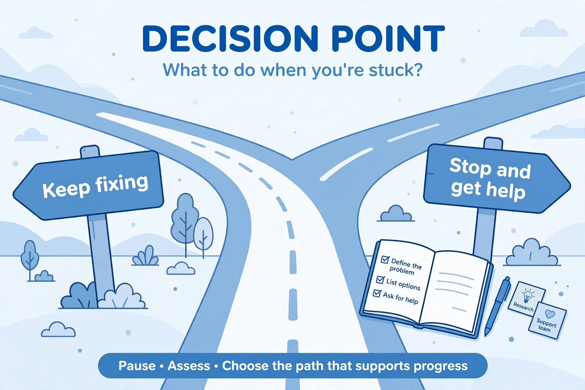 Road fork signposted keep fixing versus stop and get help, with a notes book