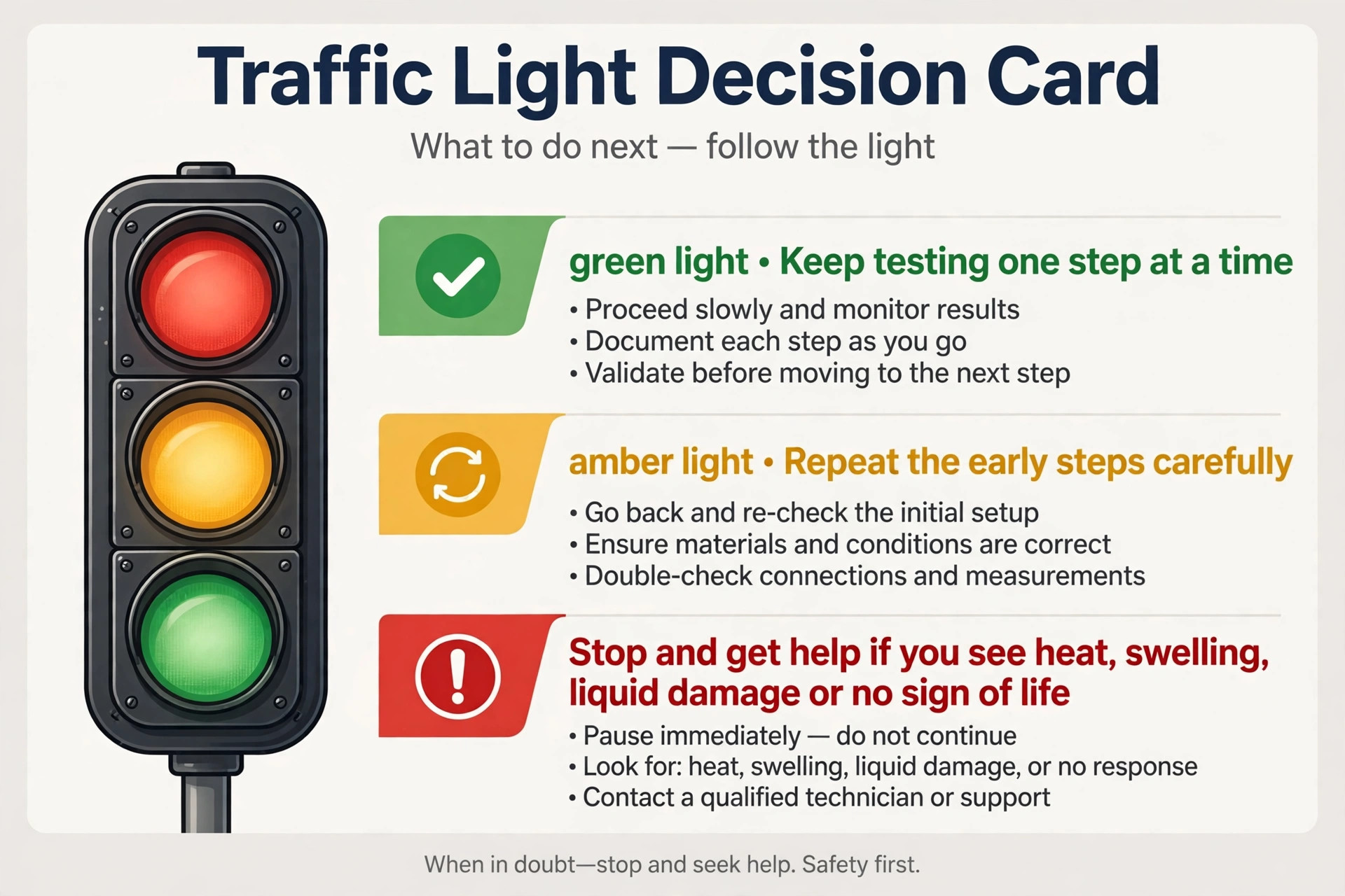 Traffic-light decision card for keep testing, repeat early steps, or stop and get help