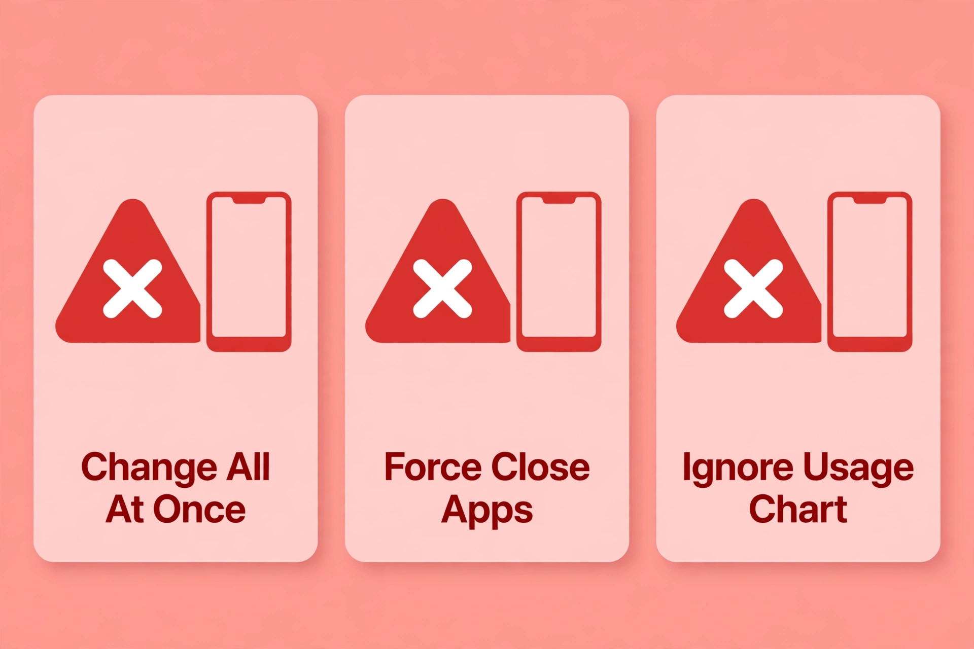 Three red warning cards for changing everything at once, force-closing apps and ignoring the usage chart