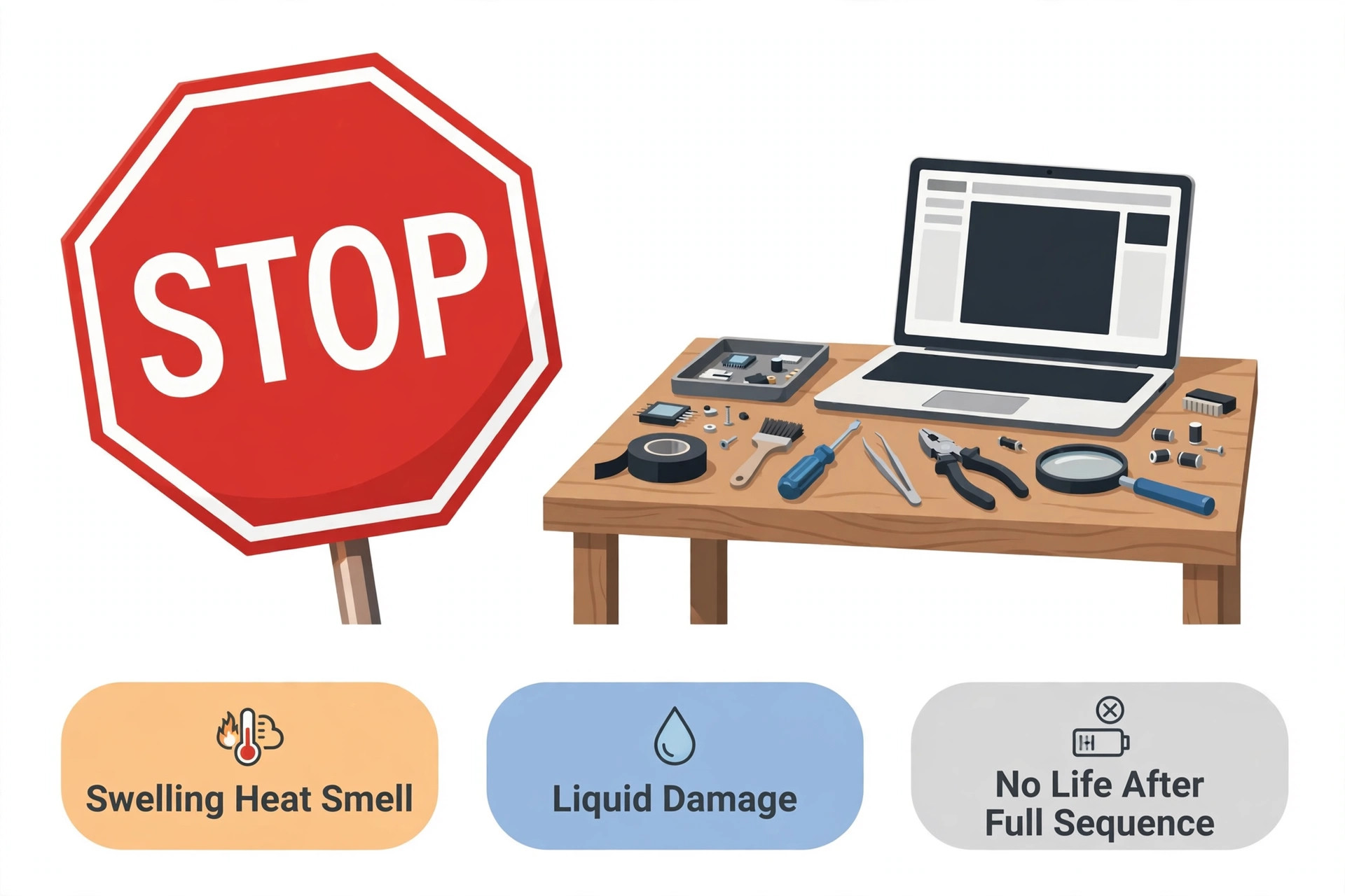 Stop sign beside a repair bench, with swelling, heat, smell, liquid damage and no life after the full sequence
