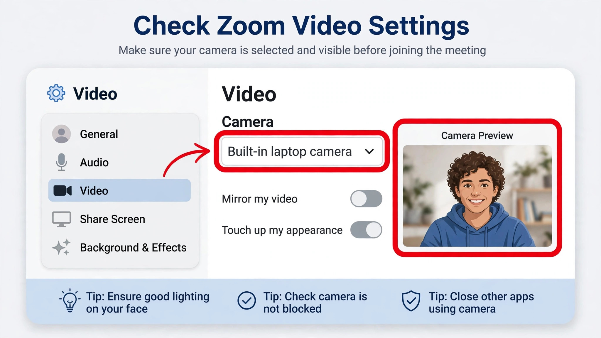 Mockup of Zoom video settings with camera selection and preview