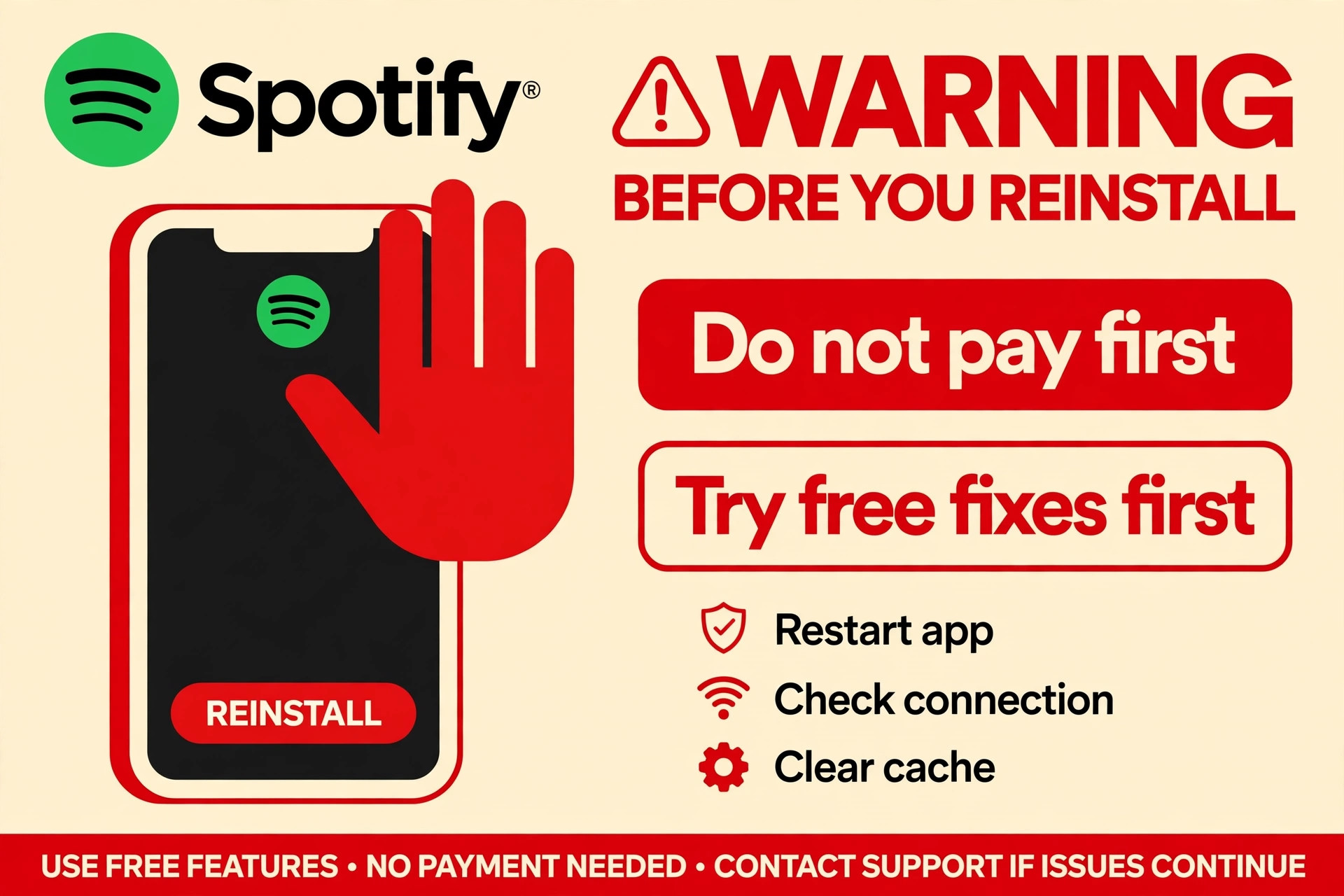 Red warning over a phone reinstall button, reading do not pay first and try free fixes first