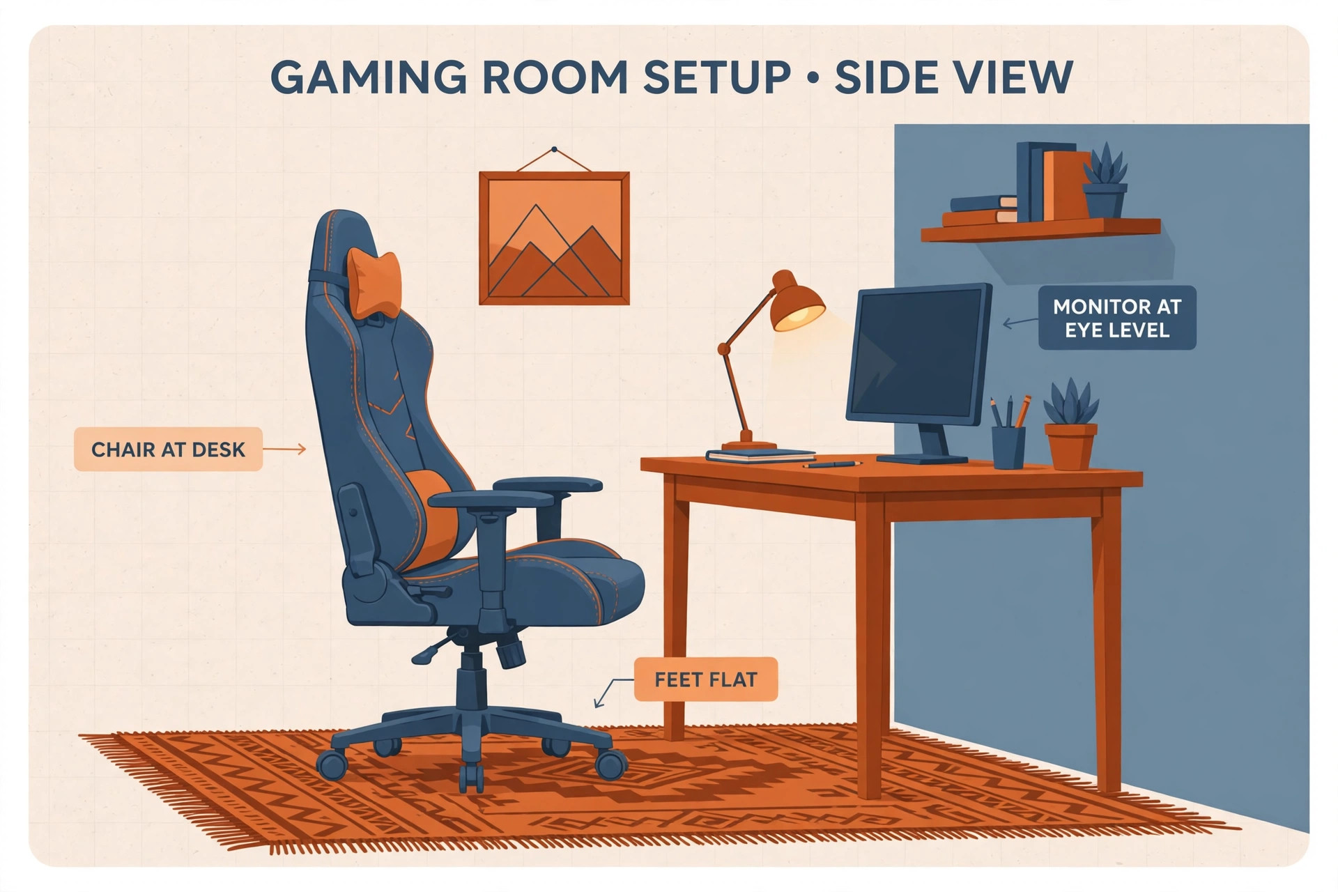 Mockup of a gaming room with a chair positioned at a desk for a long session