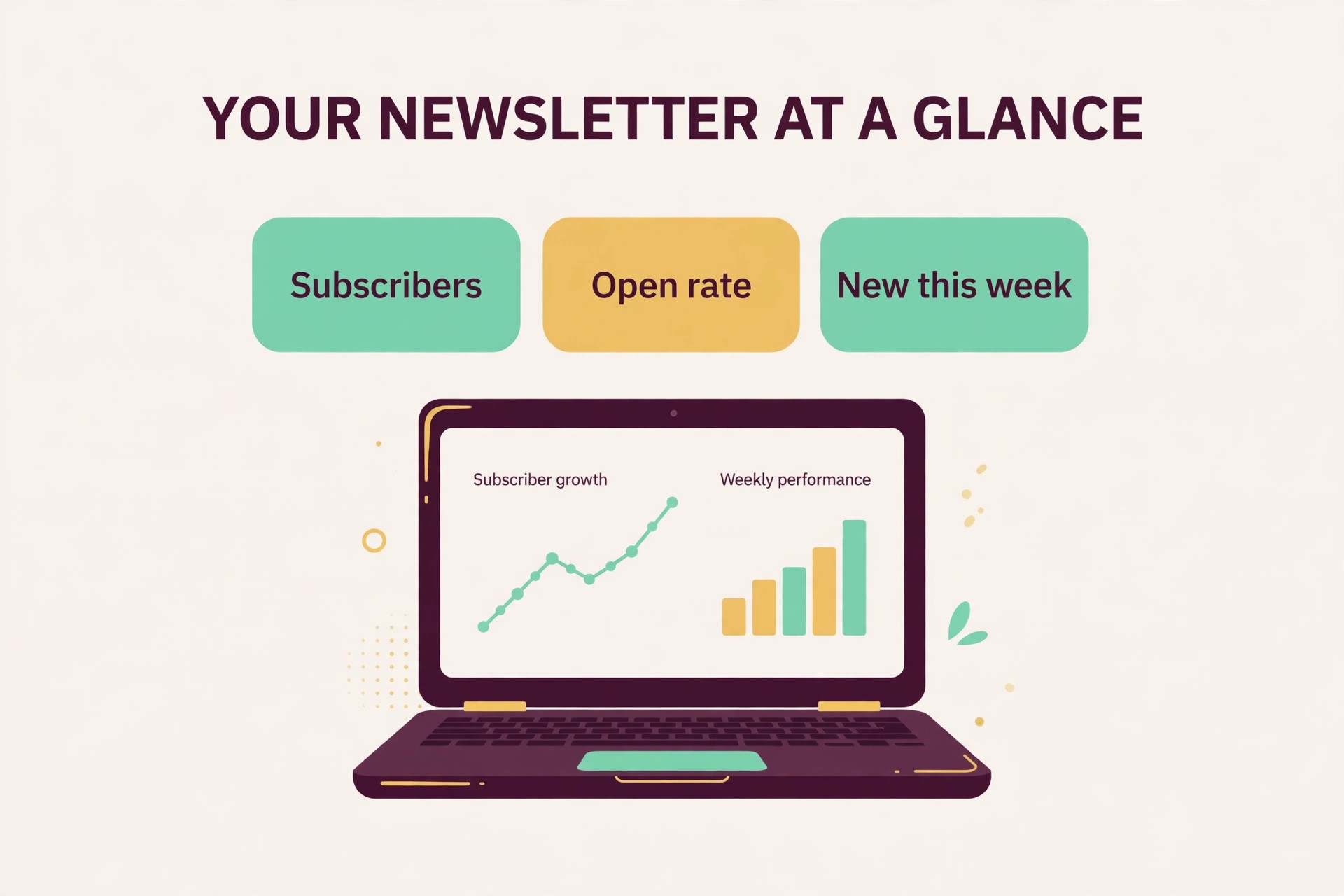 Mockup of a creator dashboard showing subscriber growth and open rates