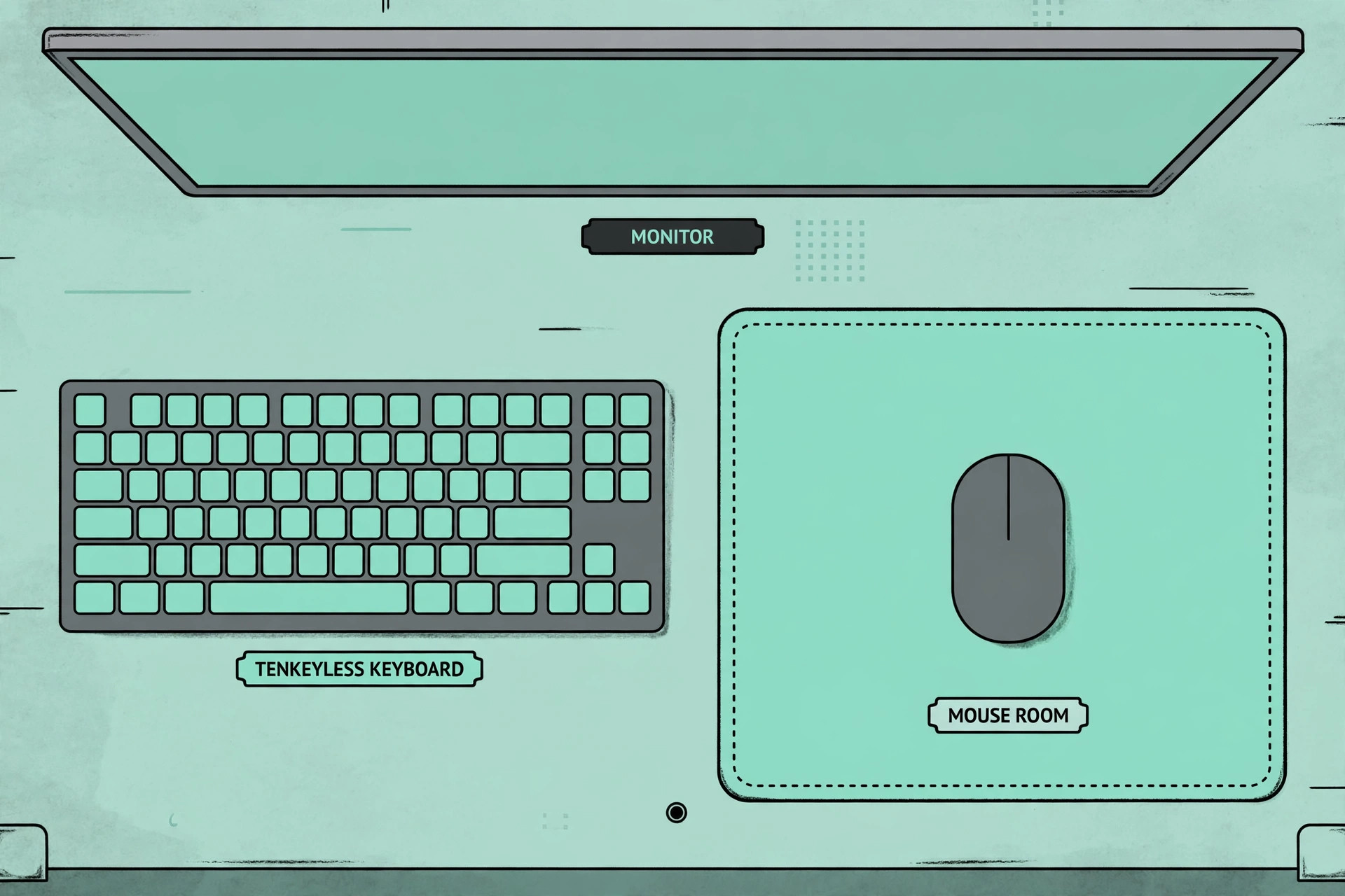 Mockup of a gaming desk with a tenkeyless keyboard and space for mouse movement