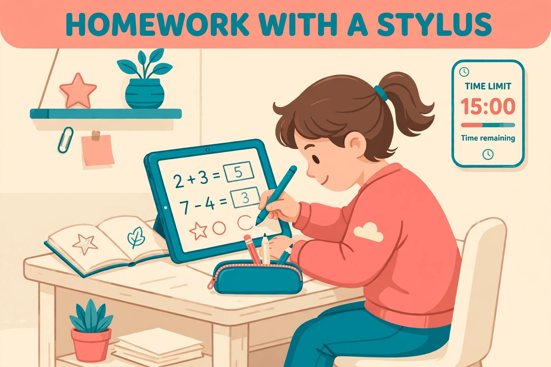Mockup of a child using a school tablet with a stylus for worksheet work
