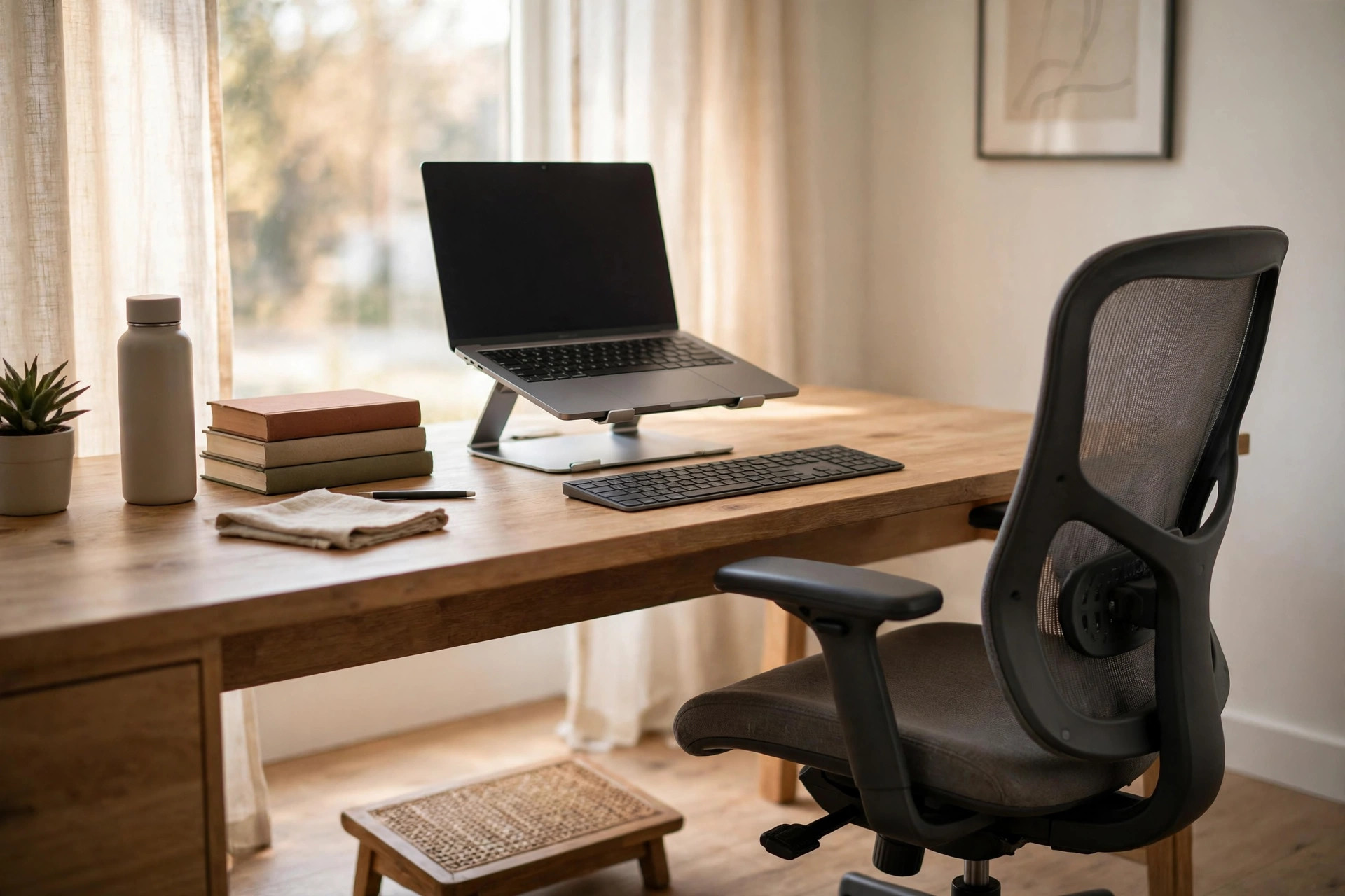 Study desk mockup with an ergonomic chair, laptop stand and footrest