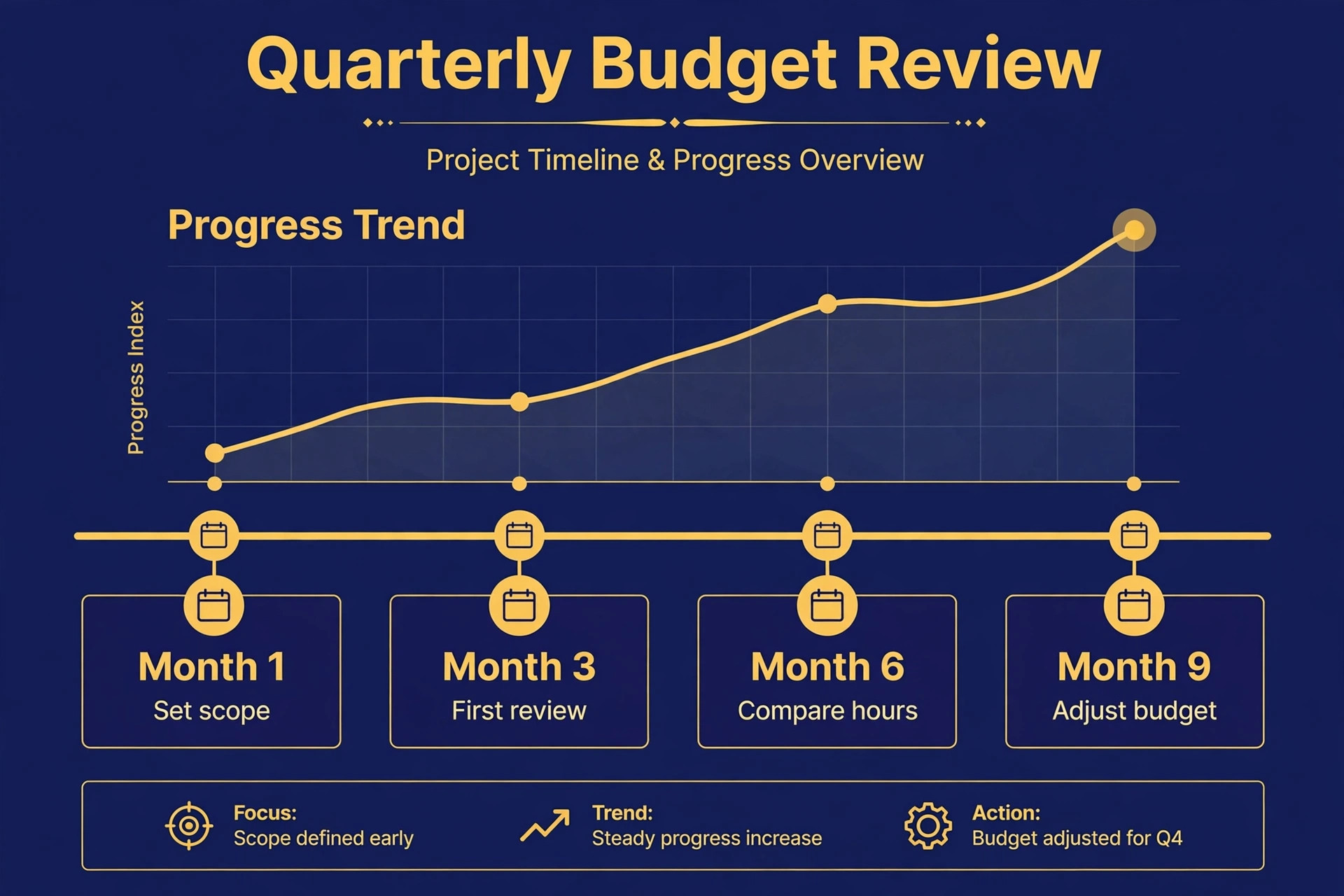 Quarterly bookkeeping budget review timeline, set scope, first review, compare hours, adjust budget
