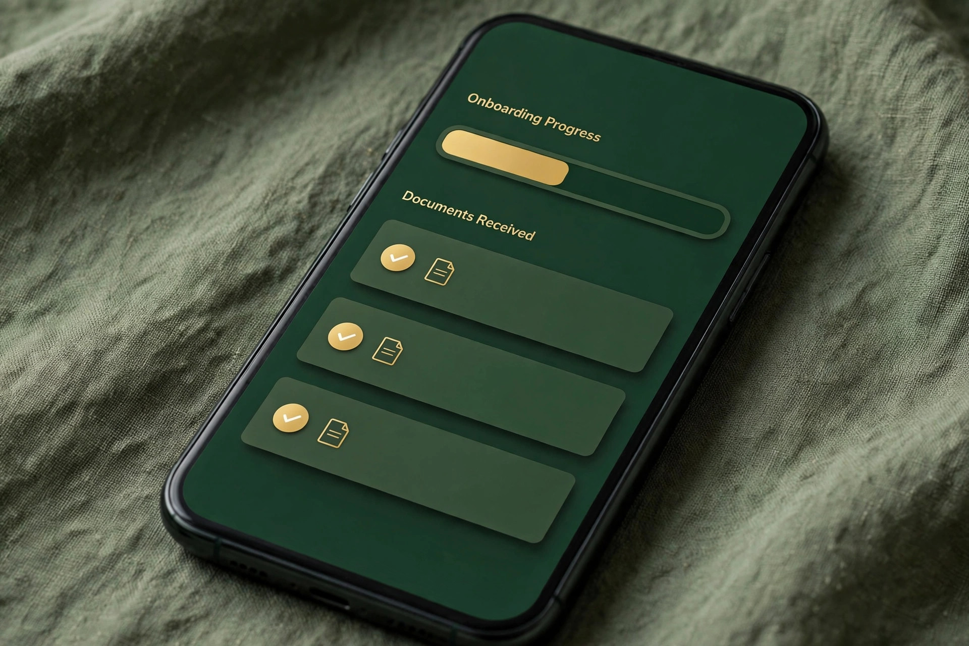 Mockup of an onboarding progress screen on a phone showing documents received