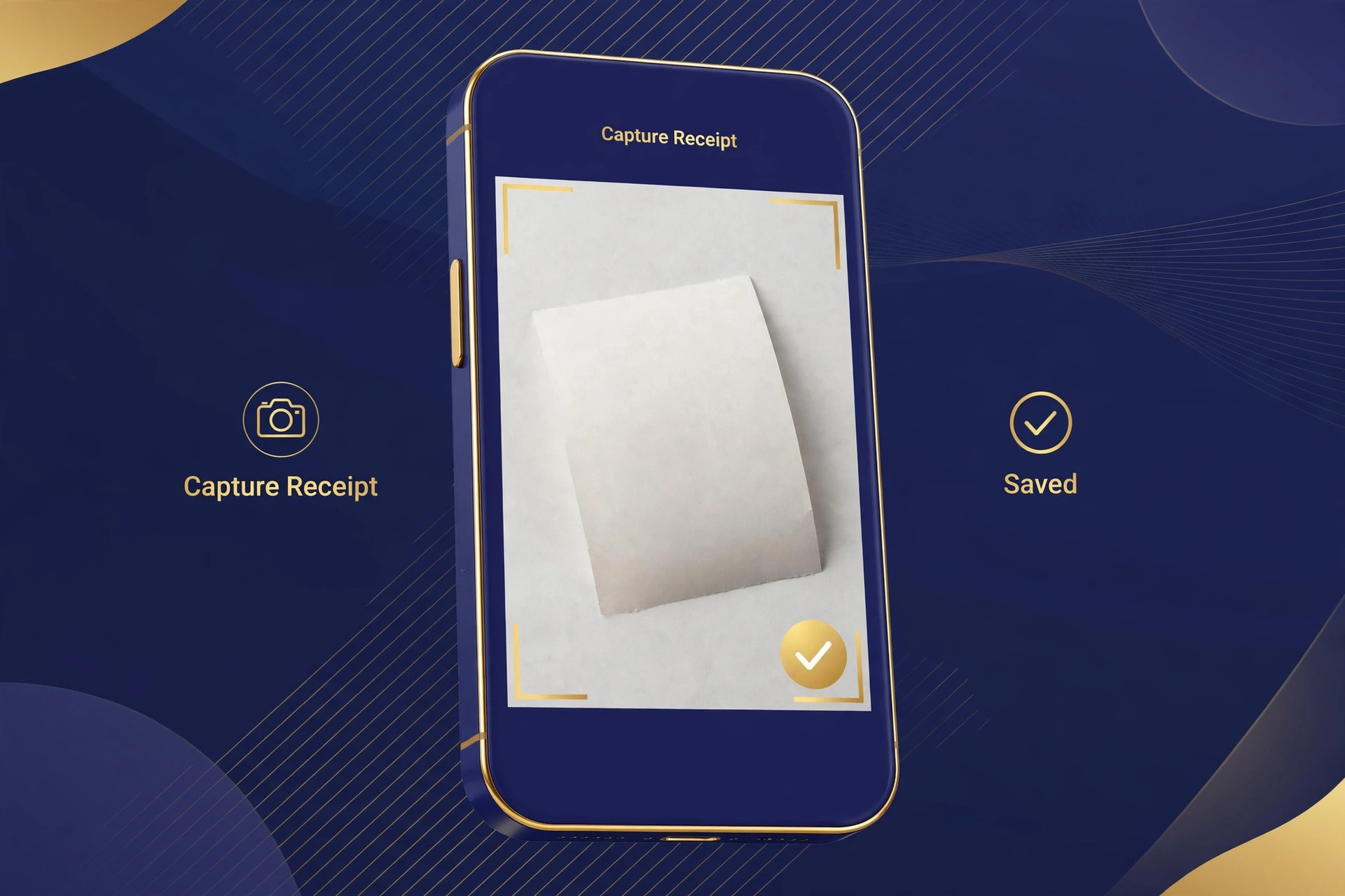 Mockup of a bookkeeping app on a phone capturing a receipt, marked Saved