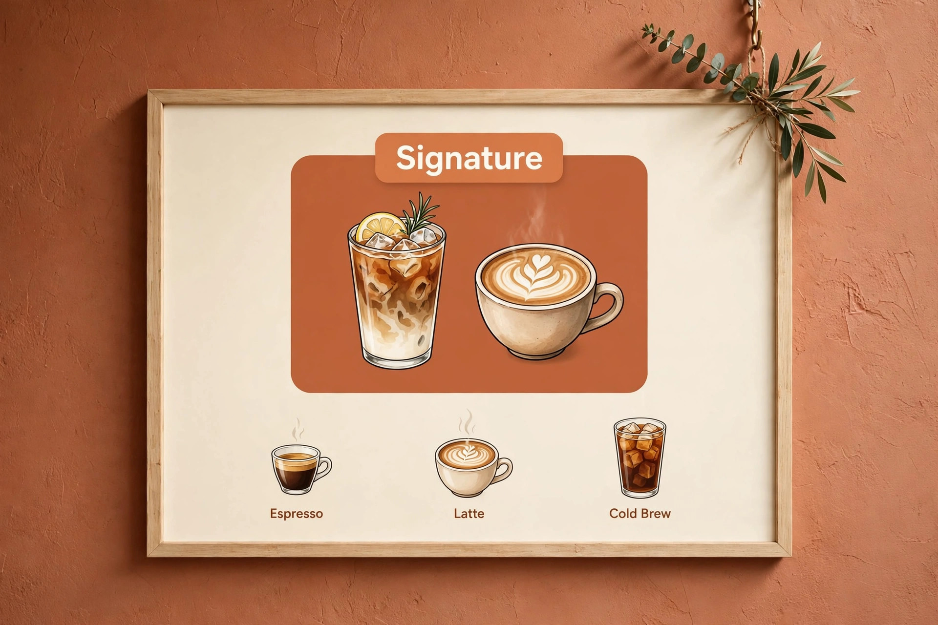 Mockup of a coffee shop menu board with signature drinks highlighted in a Signature box