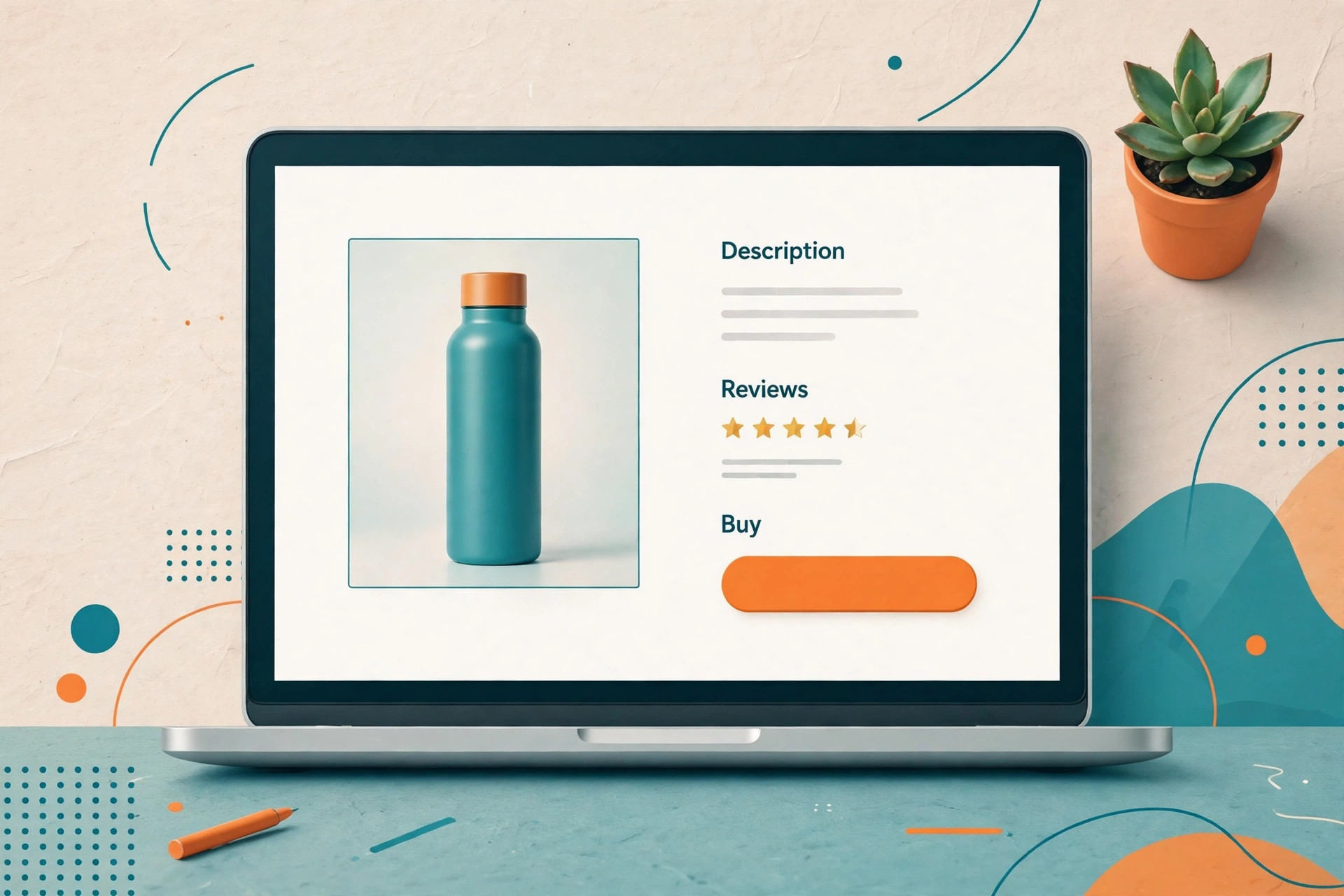 Mockup of a product page on a laptop showing description, reviews and a Buy button