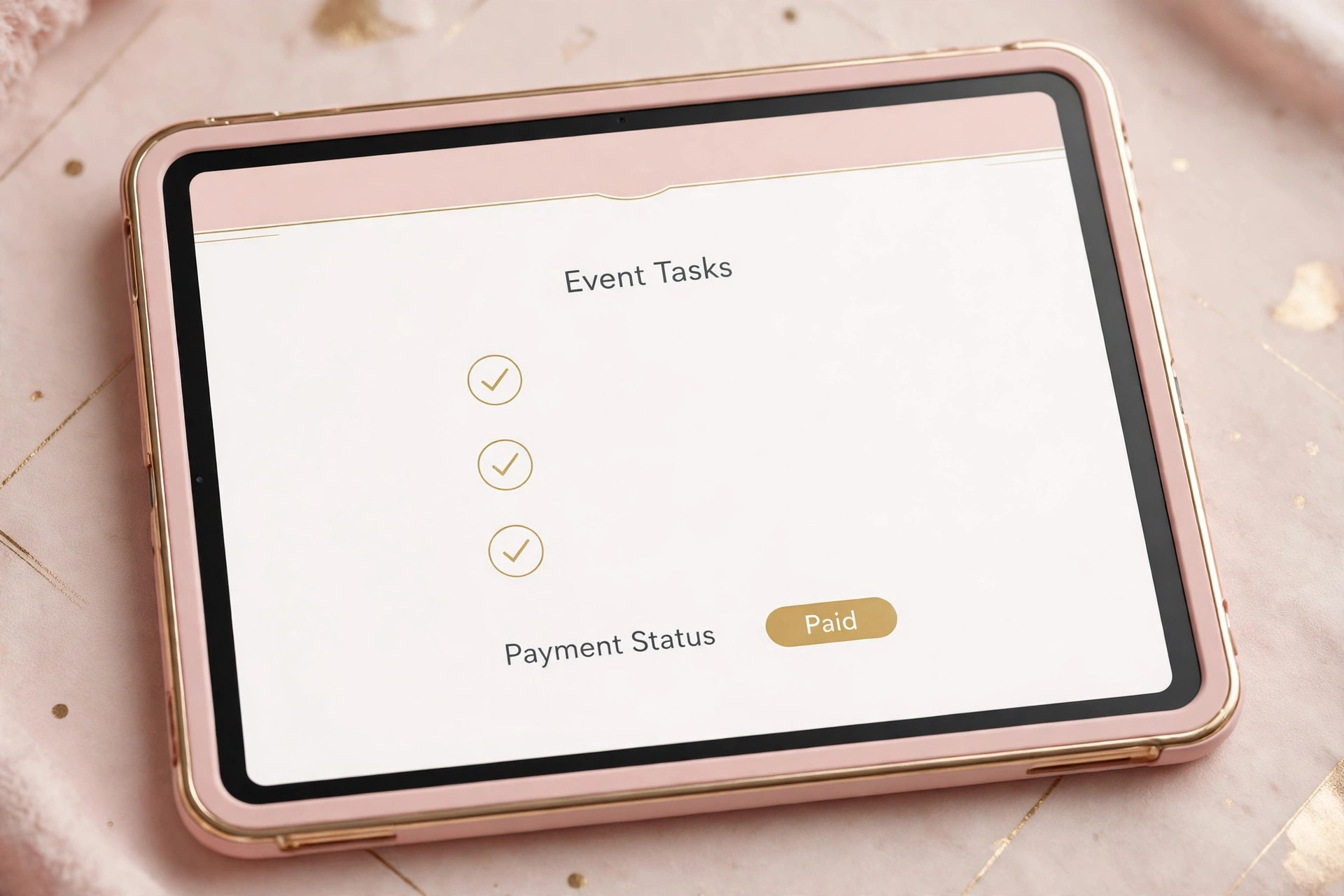 Mockup of a client portal on a tablet showing event tasks and payment status marked Paid